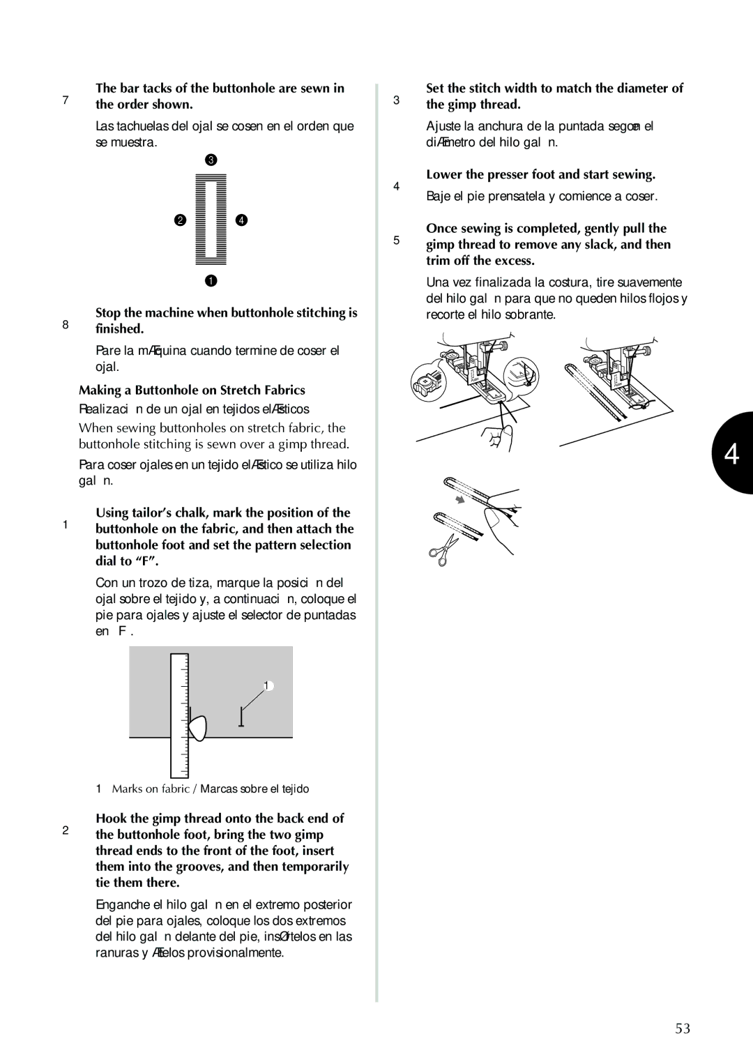 Brother Sewing Machine operation manual Las tachuelas del ojal se cosen en el orden que se muestra 