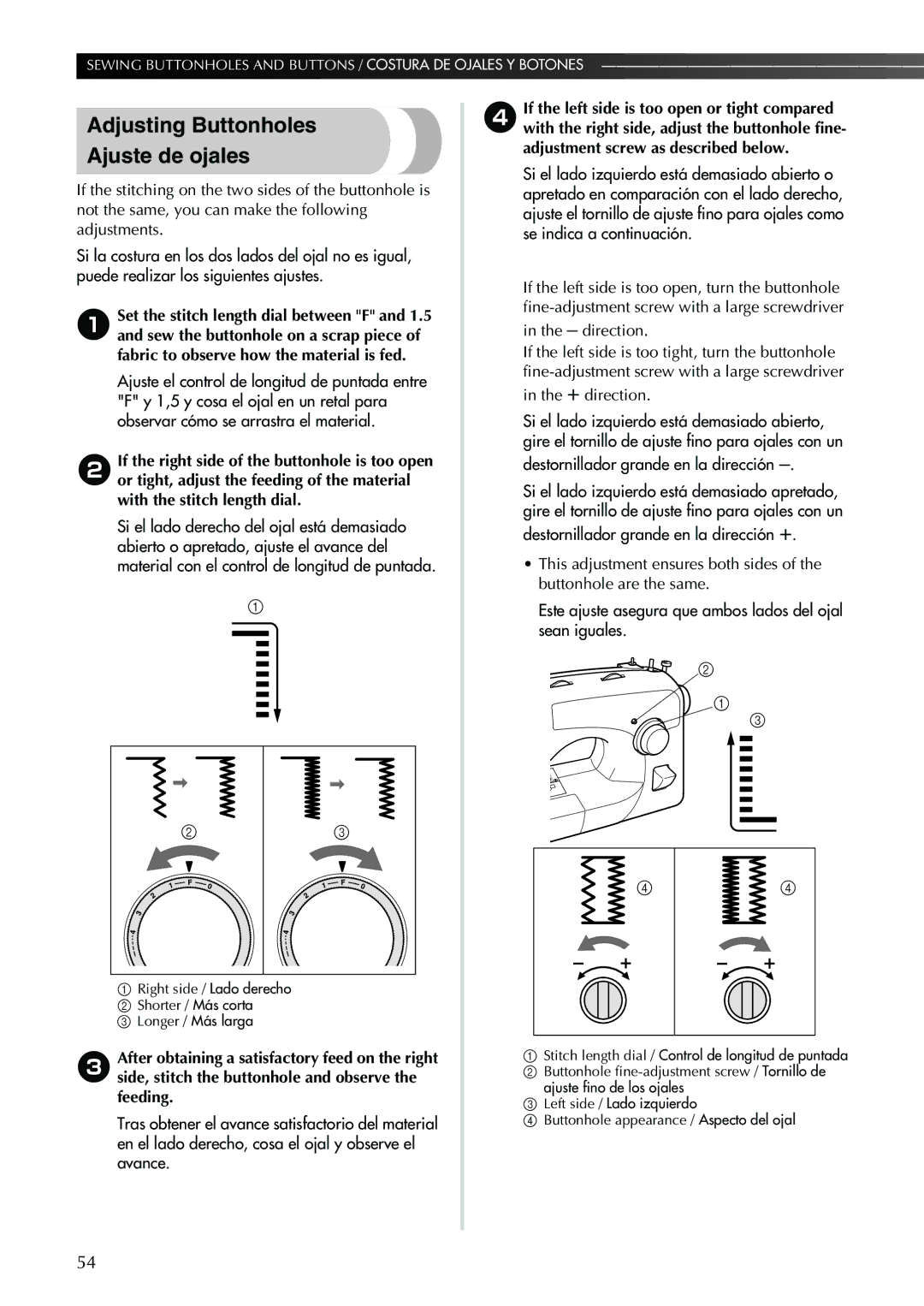 Brother Sewing Machine operation manual Adjusting Buttonholes Ajuste de ojales, Direction, + direction 