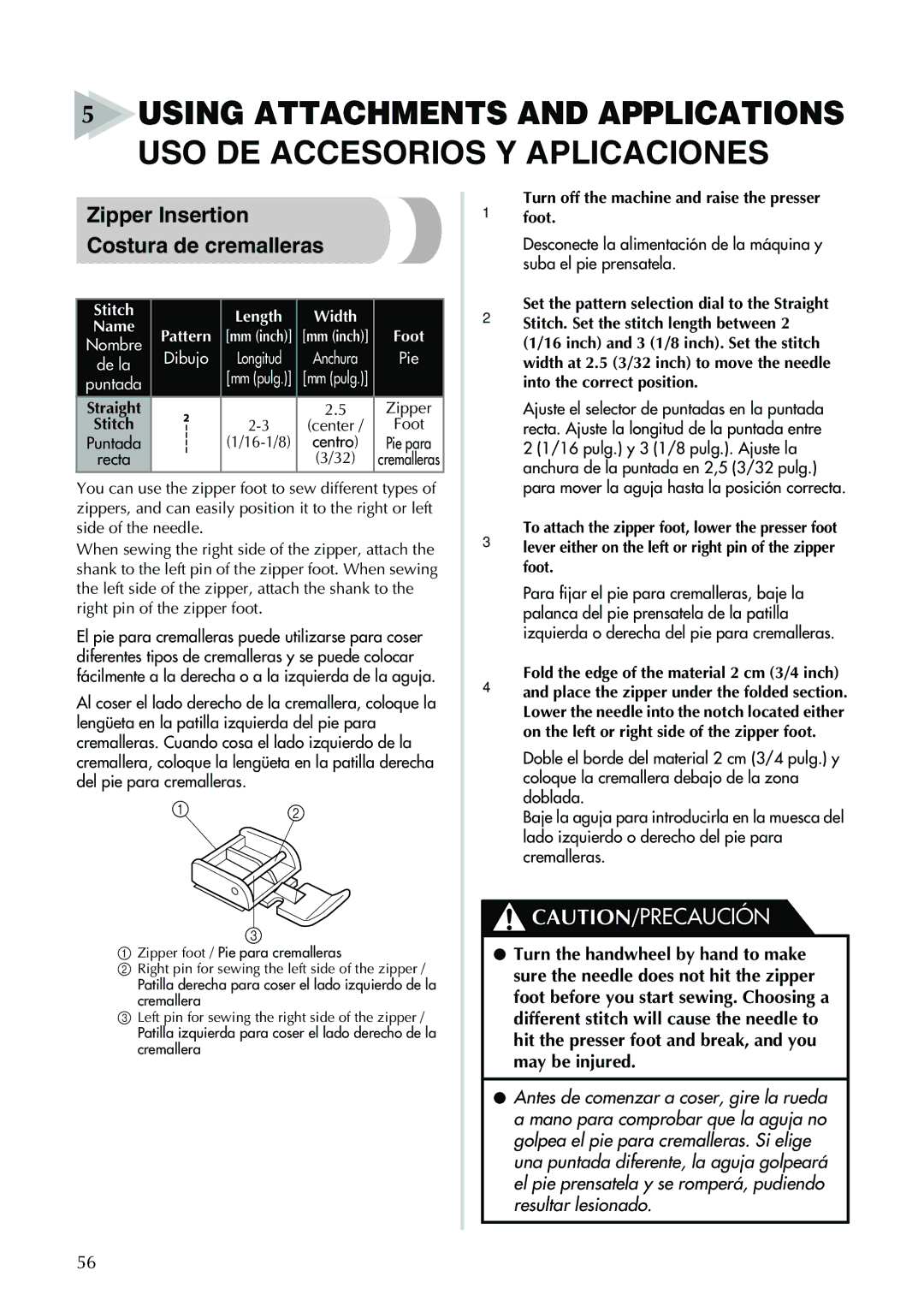 Brother Sewing Machine operation manual Zipper Insertion Costura de cremalleras, Centro, Recta 