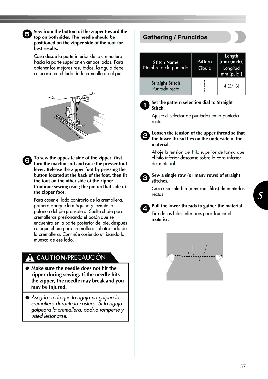 Brother Sewing Machine operation manual Gathering / Fruncidos, SetStitch.the pattern selection dial to Straight 