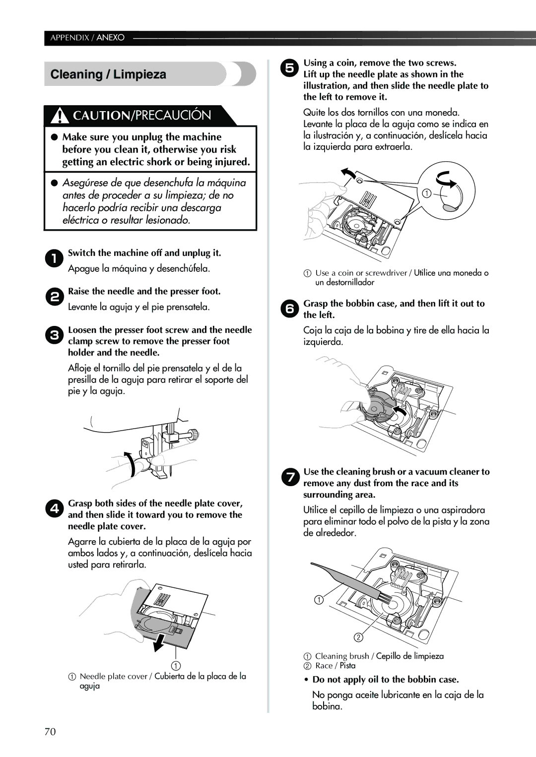 Brother Sewing Machine operation manual Cleaning / Limpieza, Graspthe left.the bobbin case, and then lift it out to 