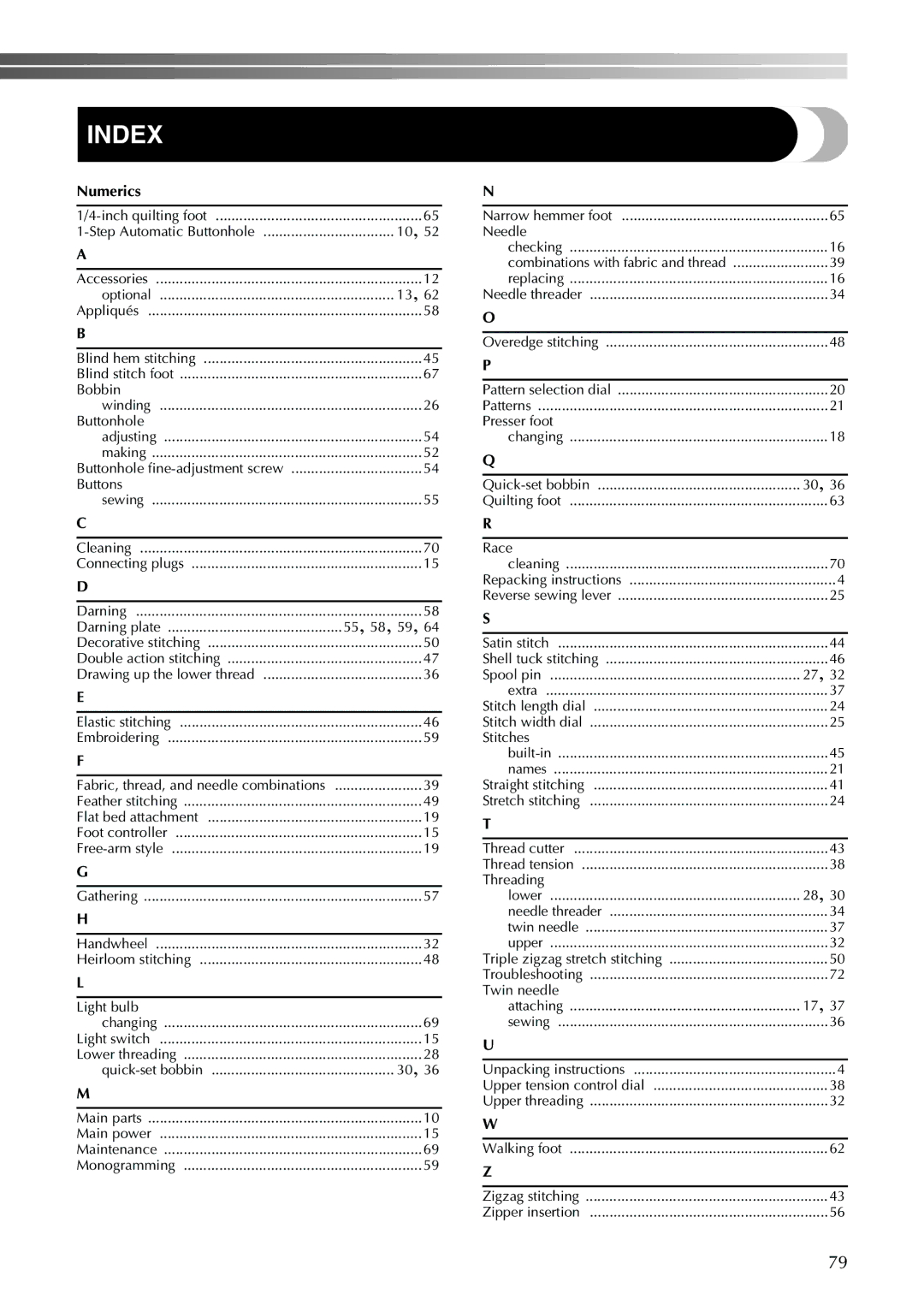 Brother Sewing Machine operation manual Index, Numerics 