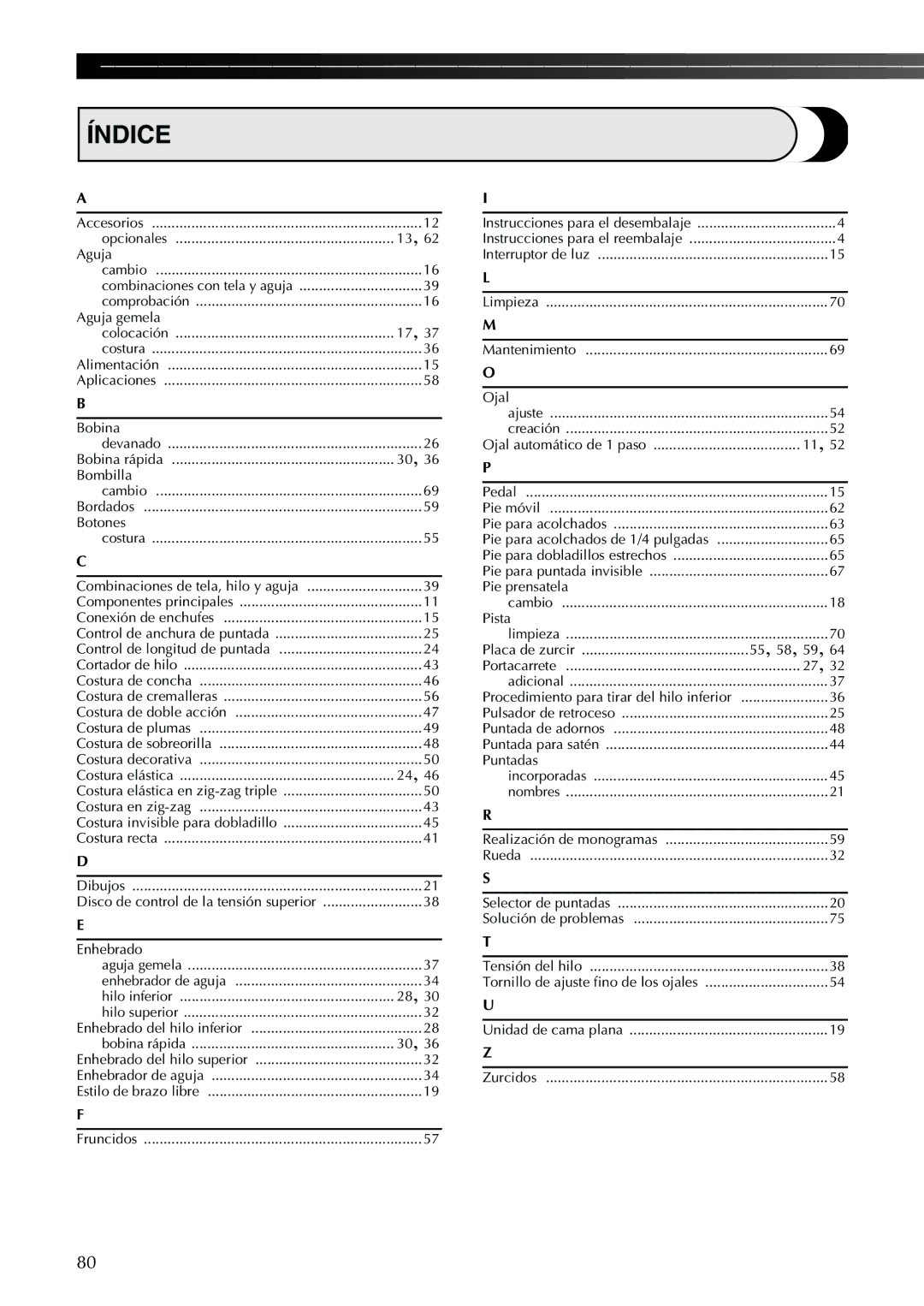 Brother Sewing Machine operation manual Índice 