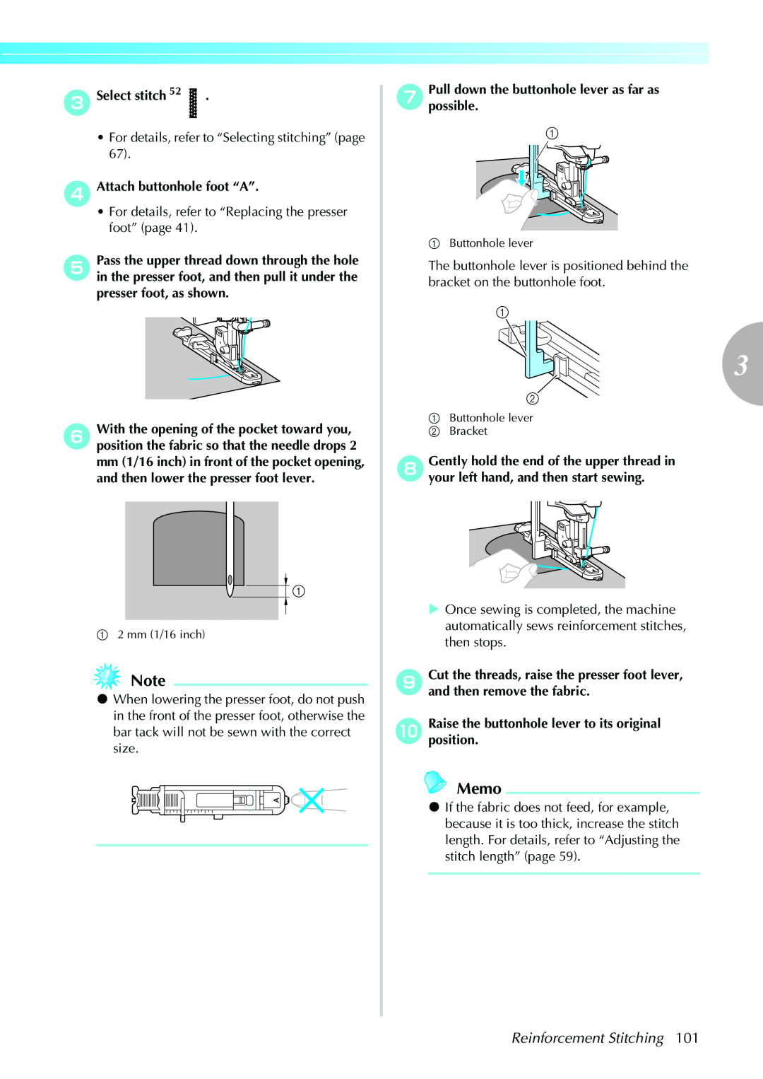 Brother Sewing Machines operation manual Reinforcement Stitching, Memo 