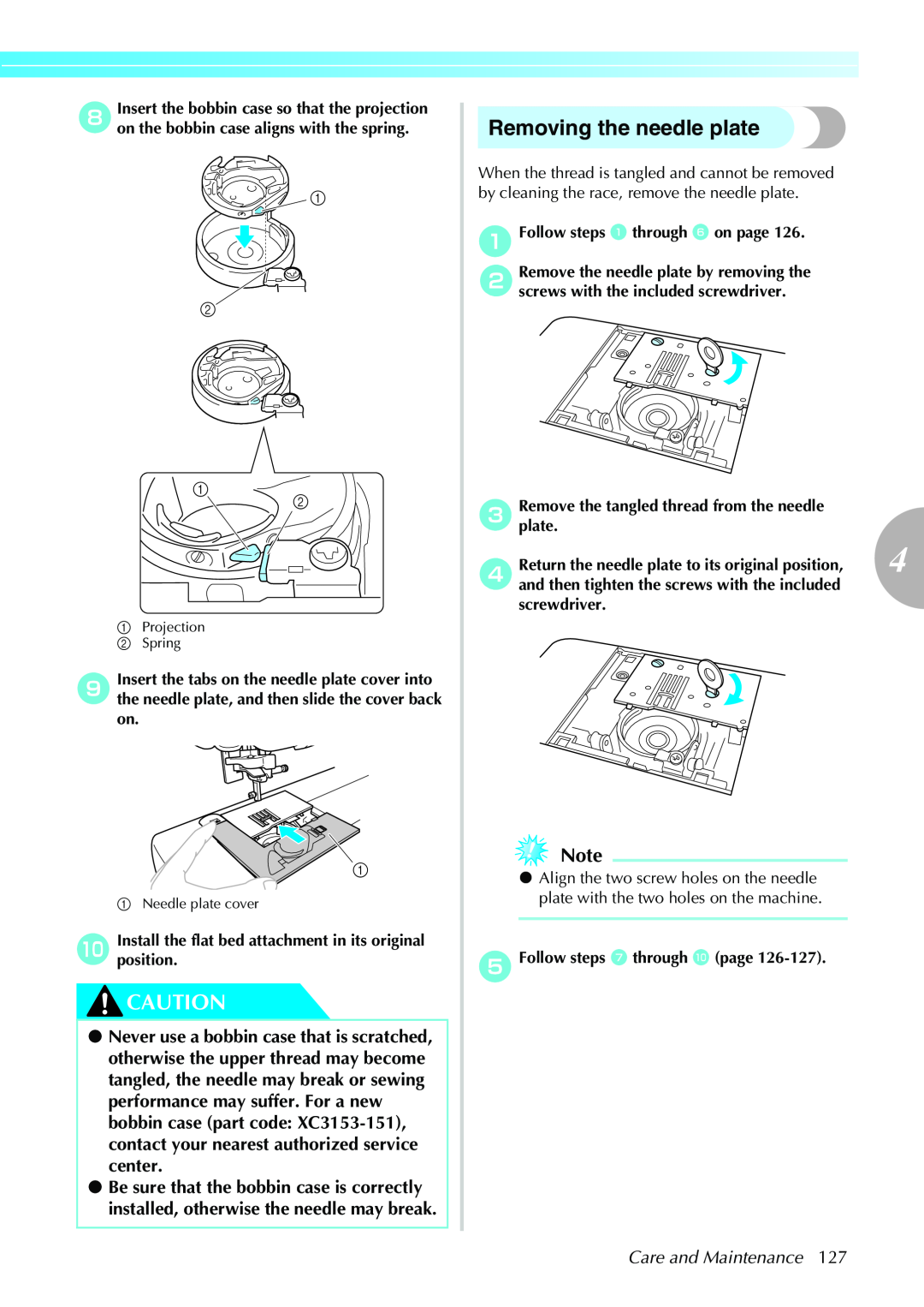 Brother Sewing Machines operation manual Removing the needle plate, Care and Maintenance 