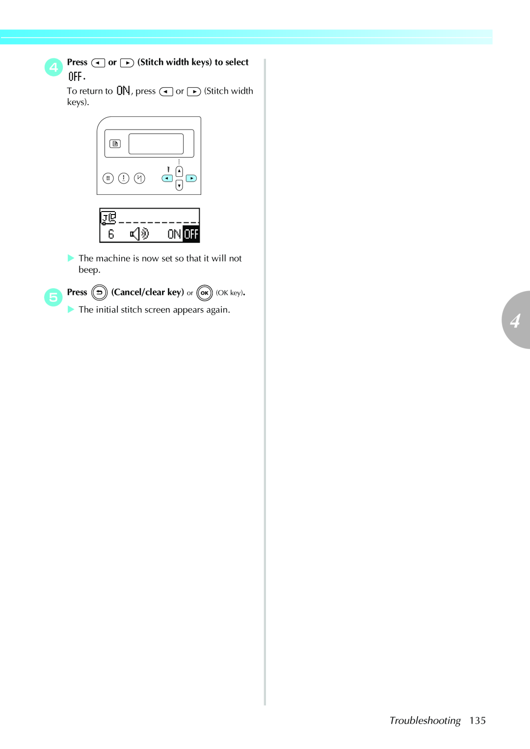 Brother Sewing Machines Troubleshooting, dPress. or Stitch width keys to select, ePress Cancel/clear key or OK key 