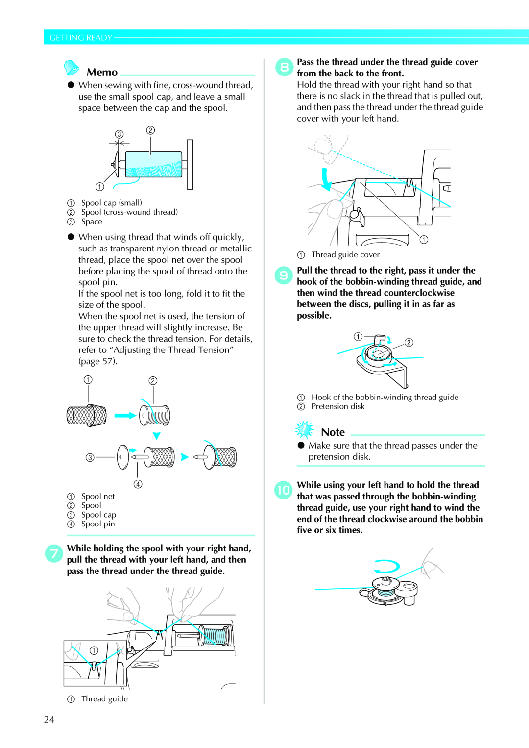 Brother Sewing Machines Memo, Getting Ready, If the spool net is too long, fold it to fit the size of the spool 