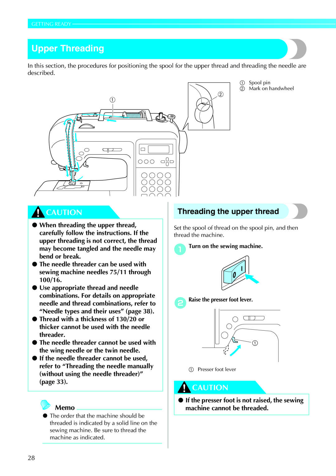 Brother Sewing Machines operation manual Upper Threading, Threading the upper thread, Memo 