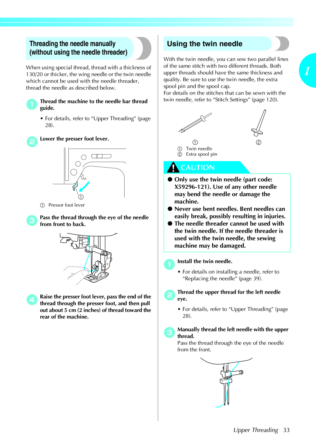 Brother Sewing Machines operation manual Using the twin needle, Upper Threading 