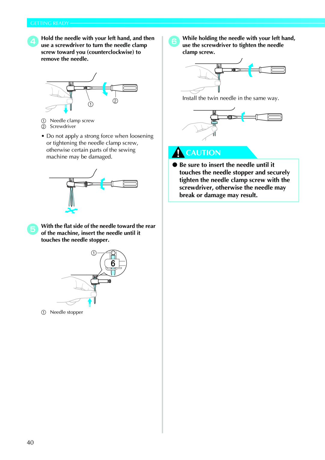 Brother Sewing Machines Getting Ready, Install the twin needle in the same way, a Needle clamp screw b Screwdriver 