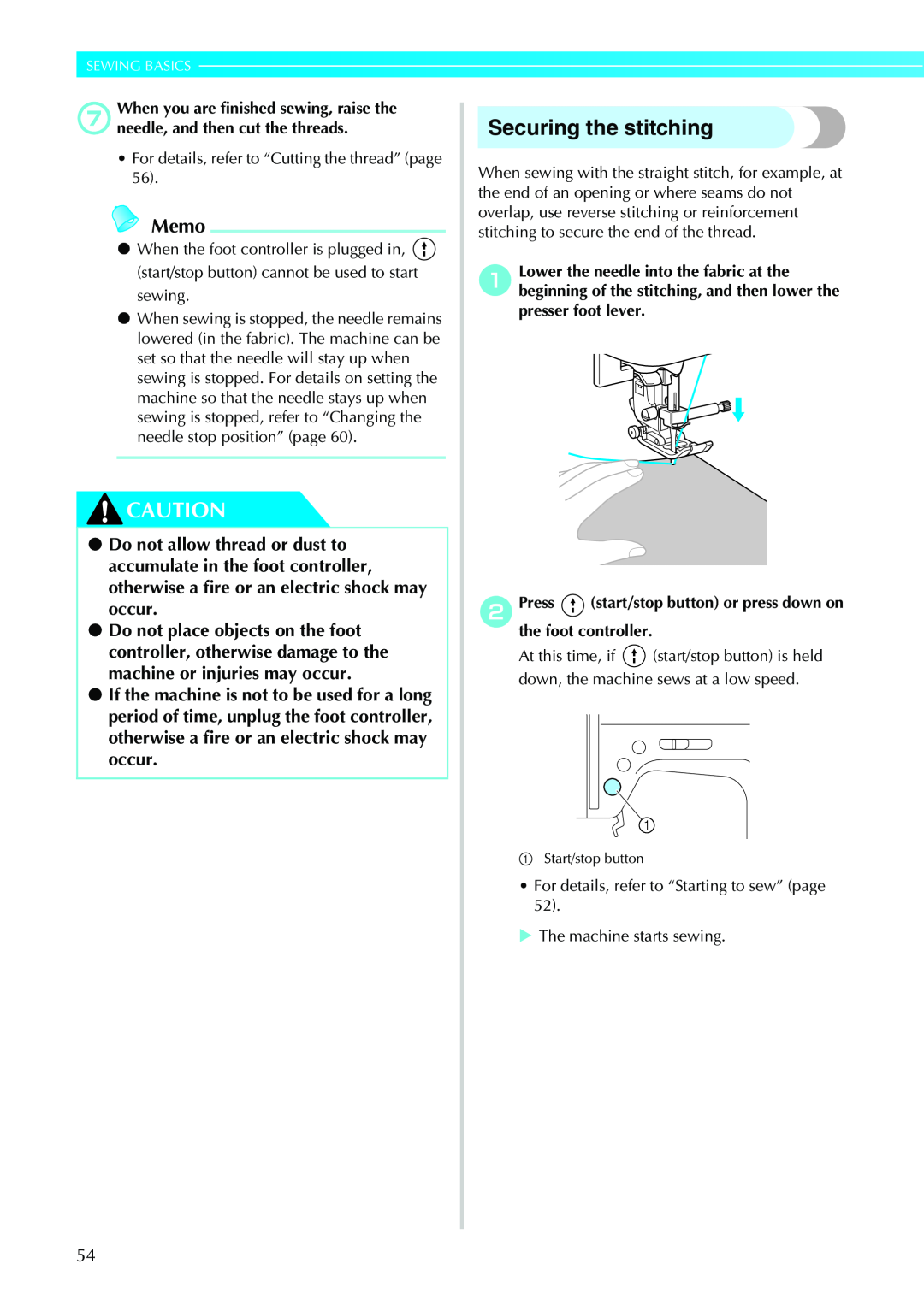 Brother Sewing Machines operation manual Securing the stitching, Memo 