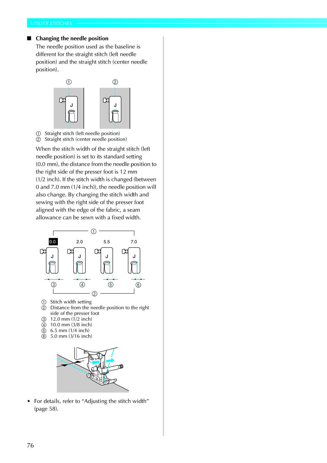 Brother Sewing Machines operation manual 3 4 5, Utility Stitches, Changing the needle position 