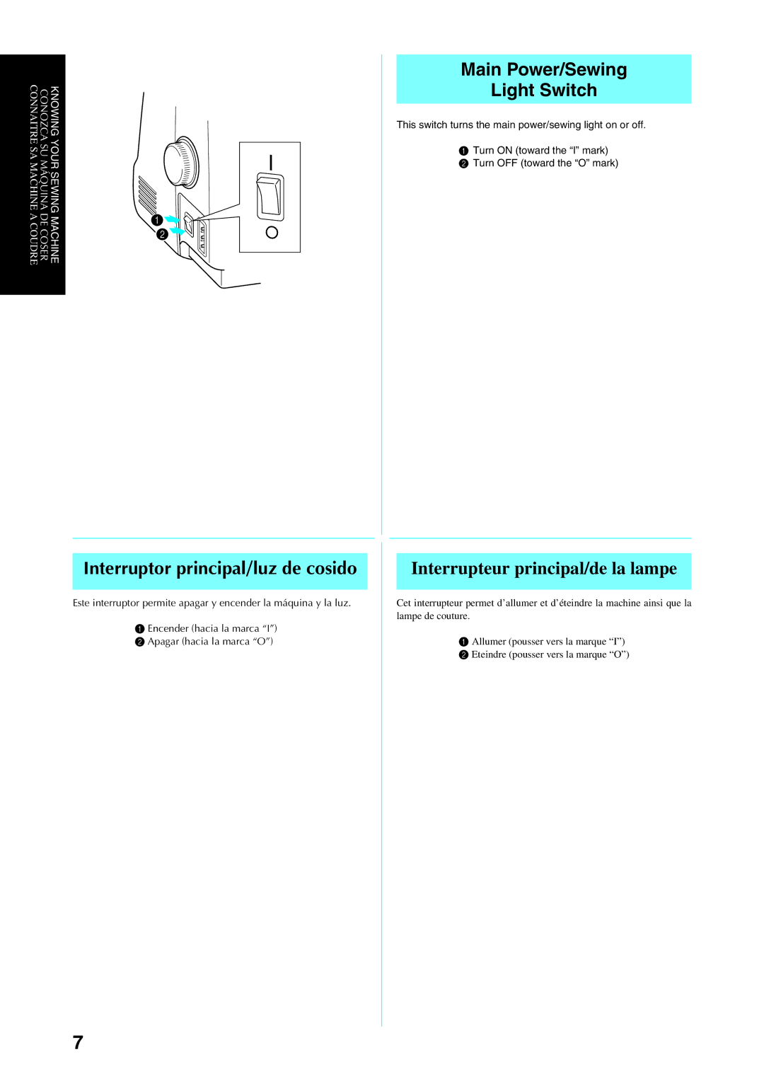 Brother Sewing Manching manual Interruptor principal/luz de cosido, Main Power/Sewing Light Switch 