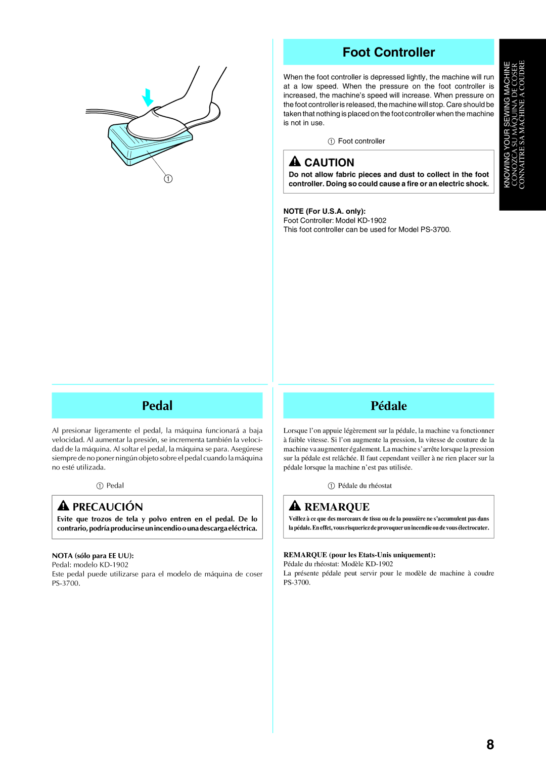 Brother Sewing Manching manual Foot Controller, Pedal, Pédale du rhéostat 