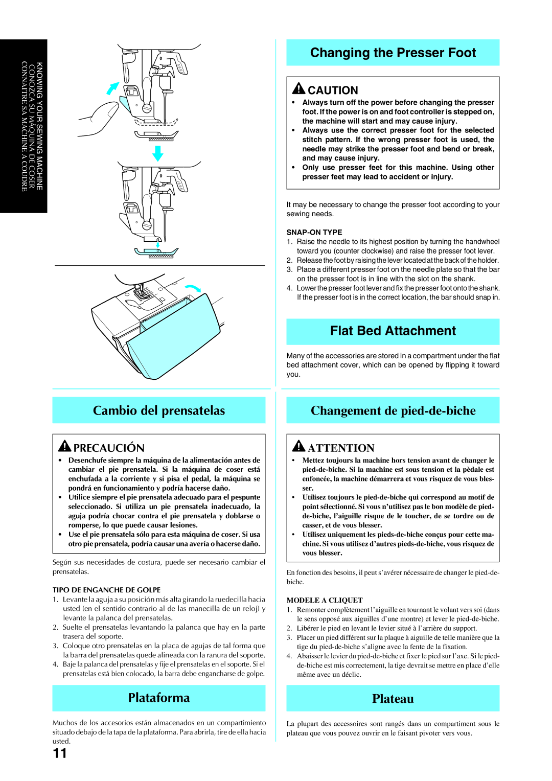 Brother Sewing Manching manual Changing the Presser Foot, Flat Bed Attachment, Cambio del prensatelas, Plataforma 