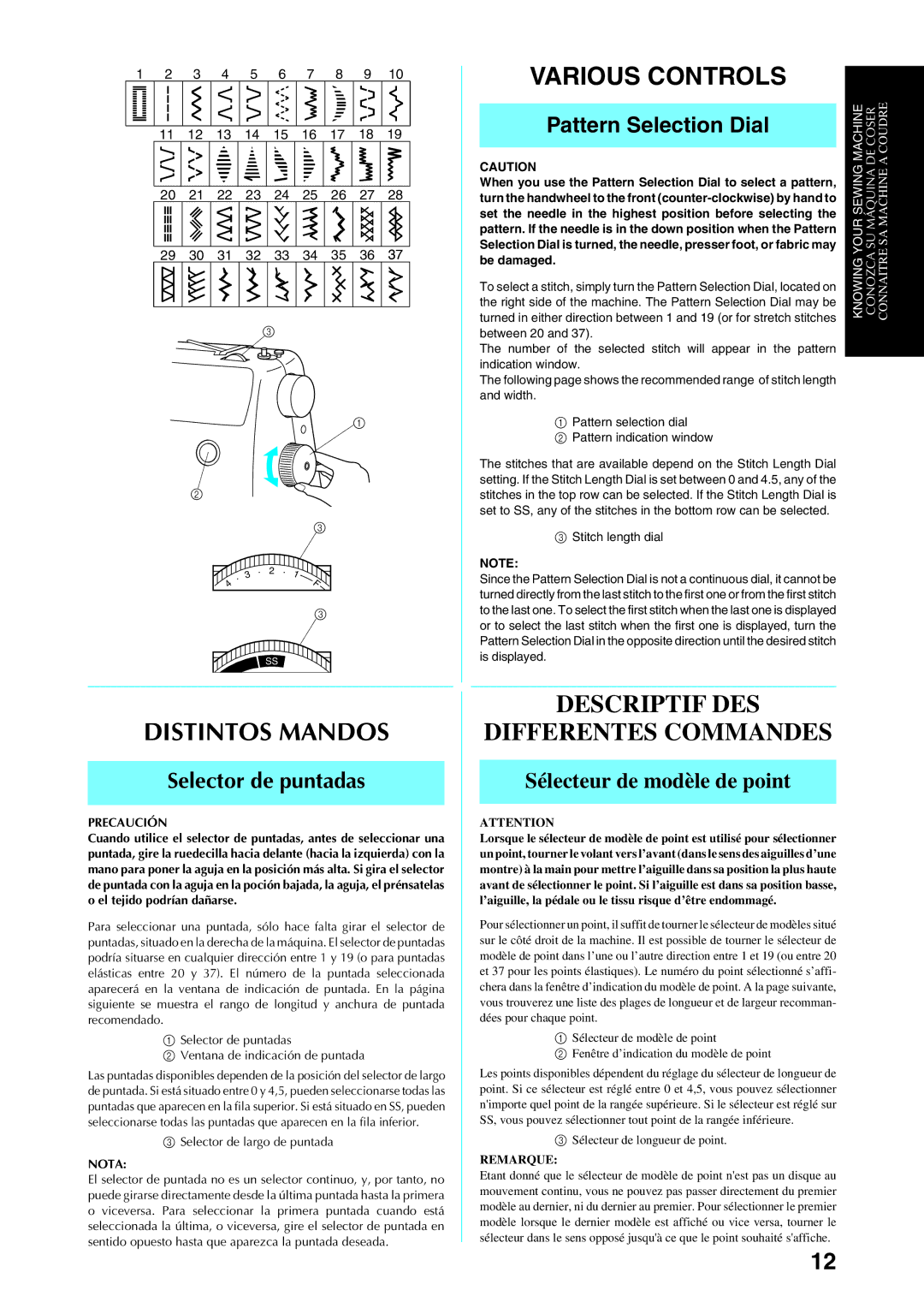 Brother Sewing Manching manual Pattern Selection Dial, Selector de puntadas, Sélecteur de modèle de point, Nota, Remarque 