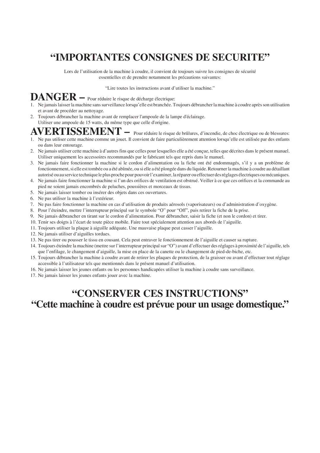 Brother Sewing Manching manual Importantes Consignes DE Securite 