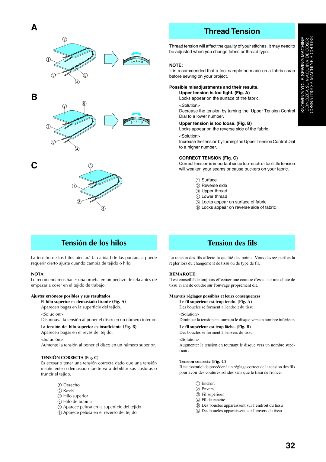 Brother Sewing Manching manual Thread Tension, Tensión de los hilos, Tension des fils 