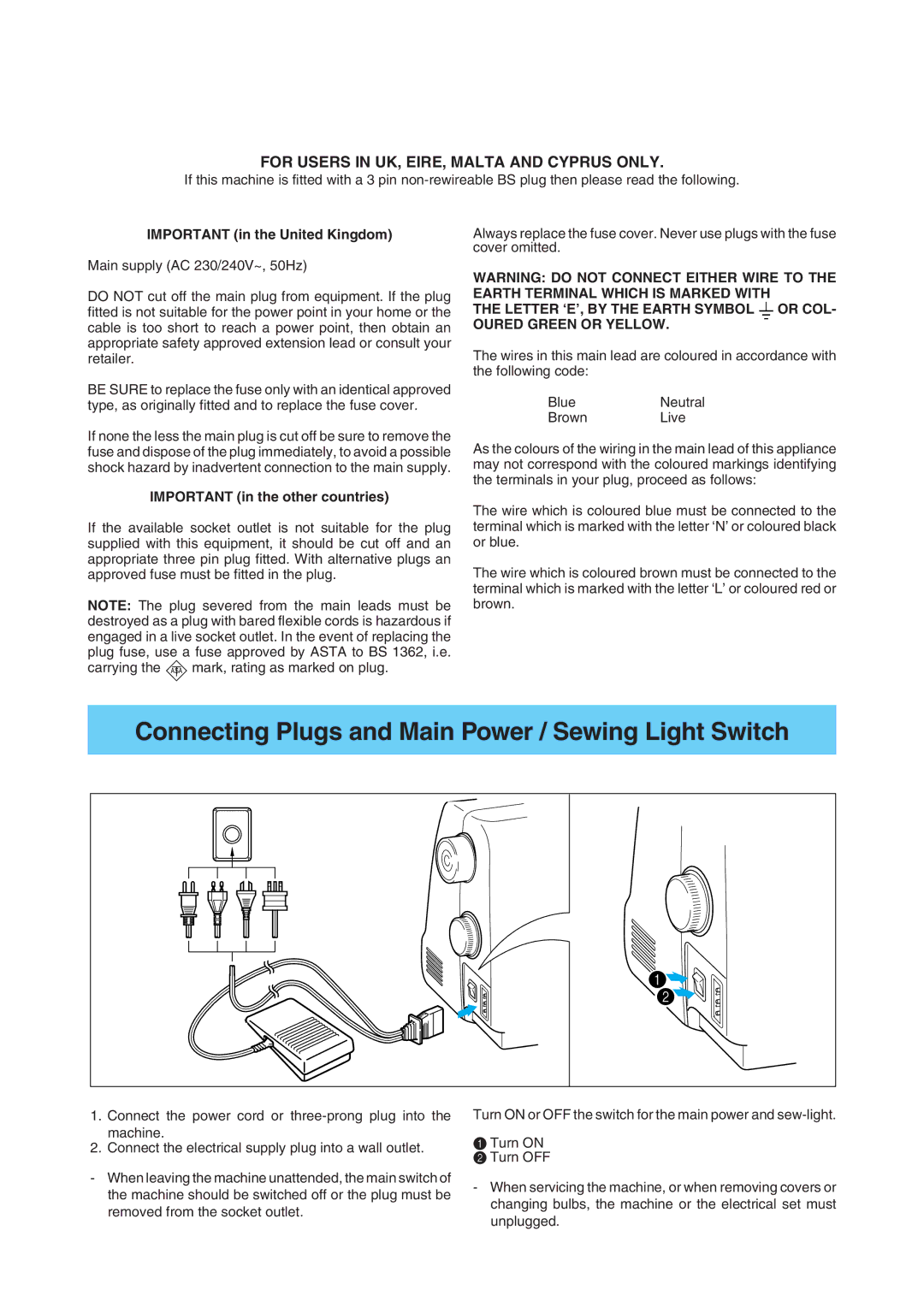 Brother Sewing Manching manual Connecting Plugs and Main Power / Sewing Light Switch 