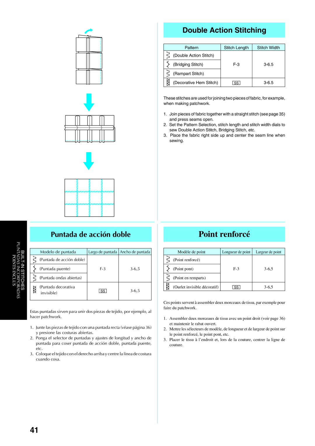 Brother Sewing Manching manual Double Action Stitching, Puntada de acción doble, Puntada puente 