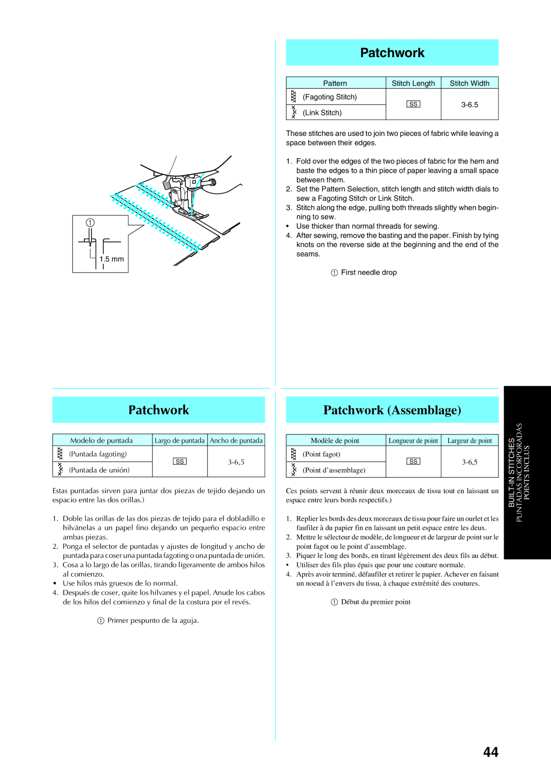 Brother Sewing Manching manual Patchwork Assemblage, Primer pespunto de la aguja 