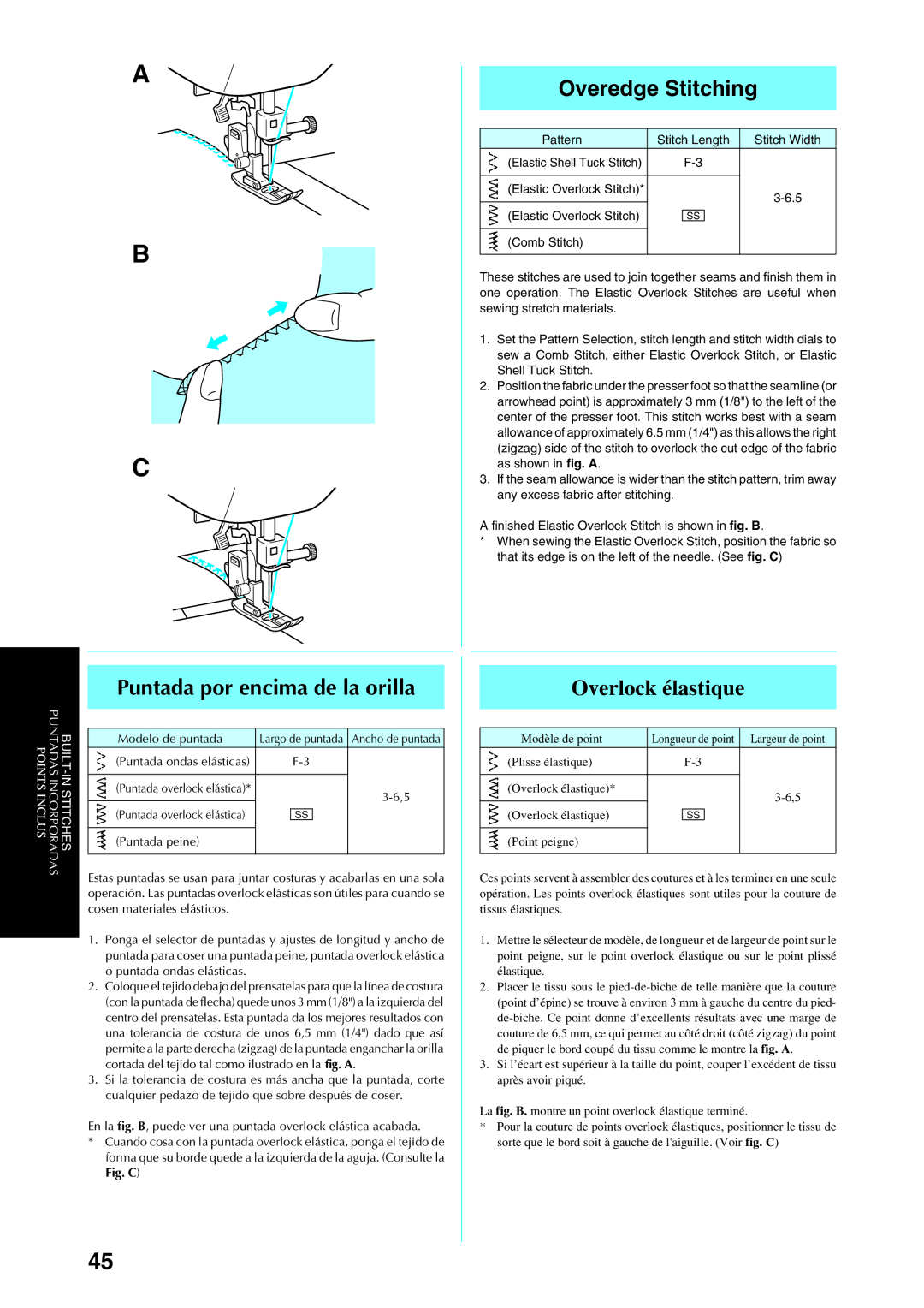 Brother Sewing Manching manual Puntada por encima de la orilla, Overedge Stitching, Overlock élastique, Puntada peine 