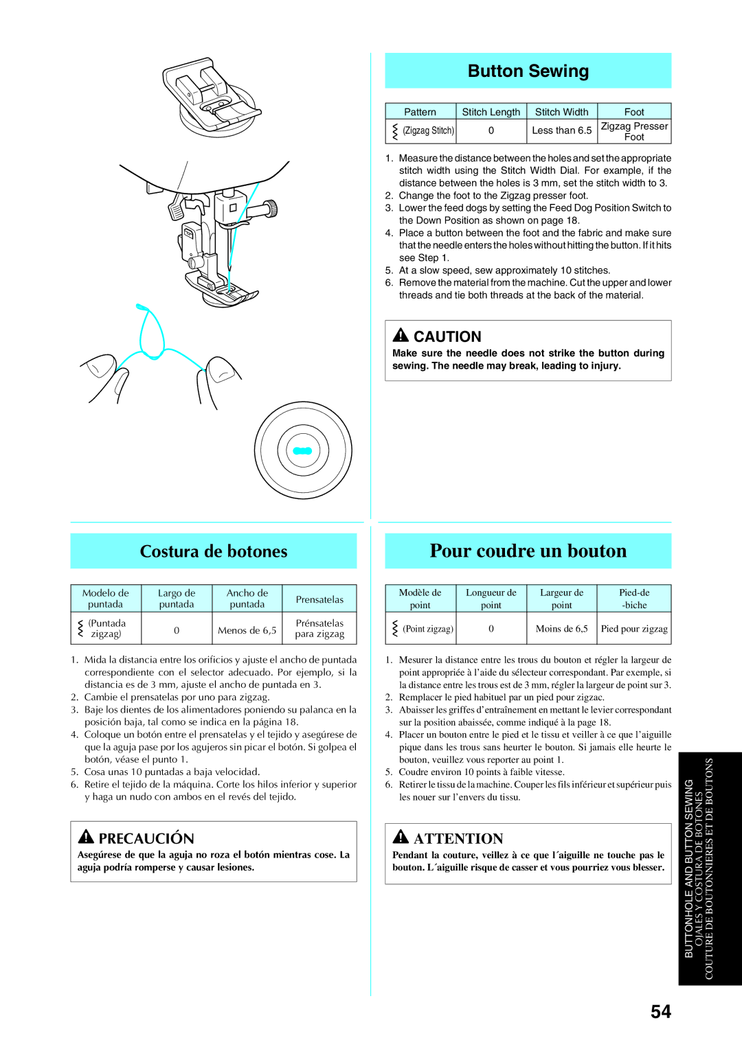 Brother Sewing Manching manual Costura de botones, Button Sewing, Puntada, Prénsatelas, Para zigzag 