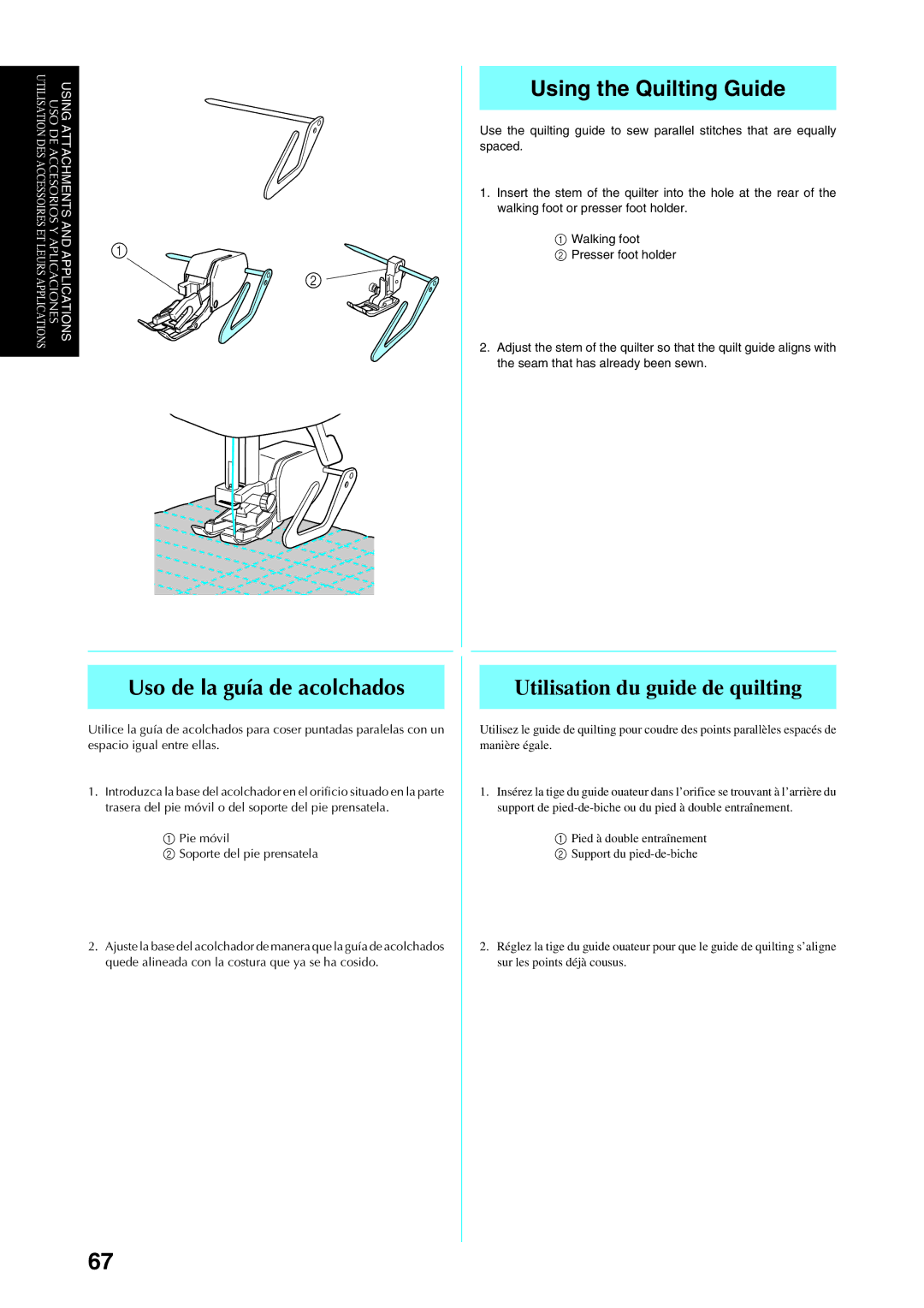 Brother Sewing Manching manual Uso de la guía de acolchados, Utilisation du guide de quilting 