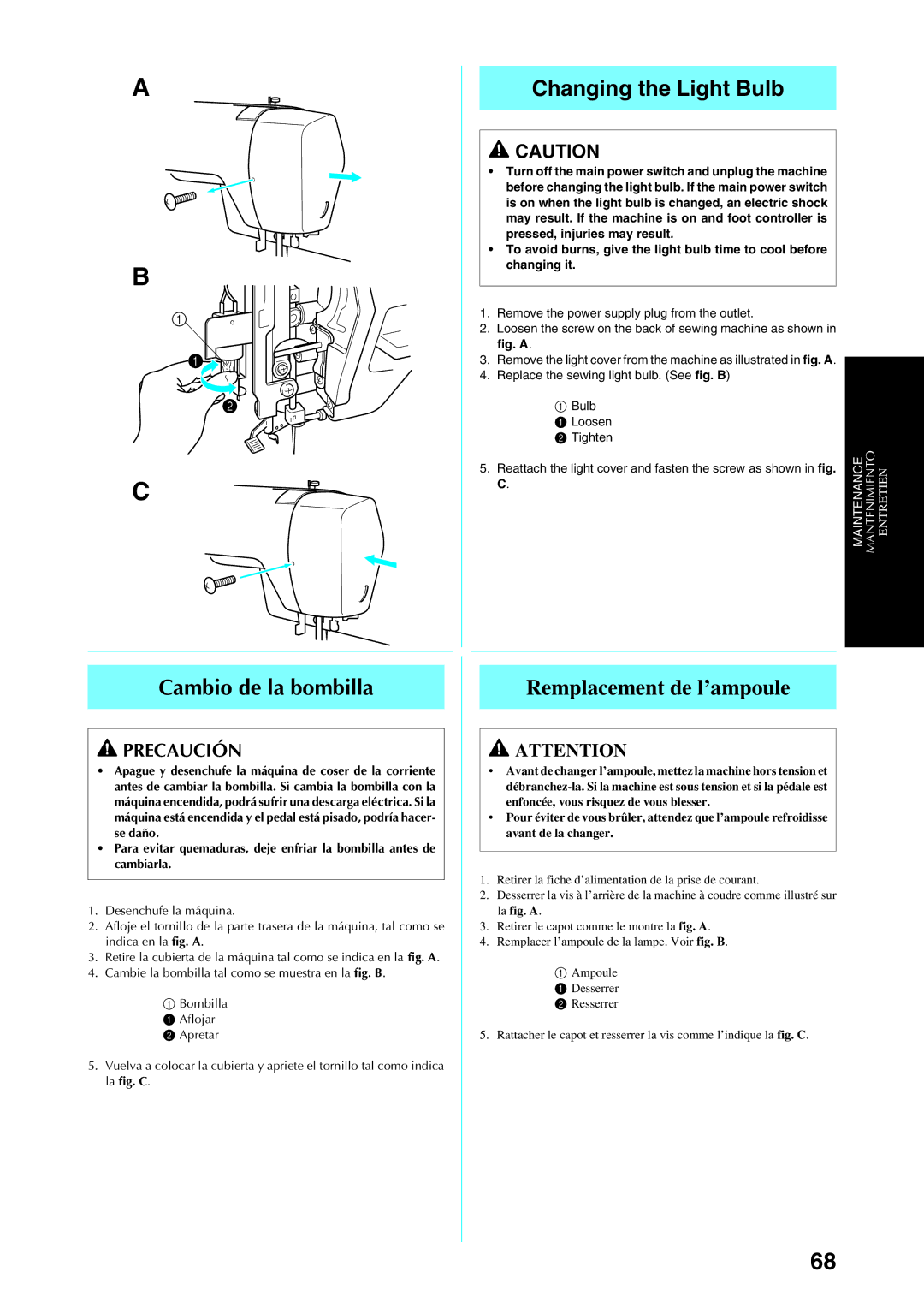 Brother Sewing Manching manual Cambio de la bombilla, Changing the Light Bulb, Remplacement de l’ampoule 