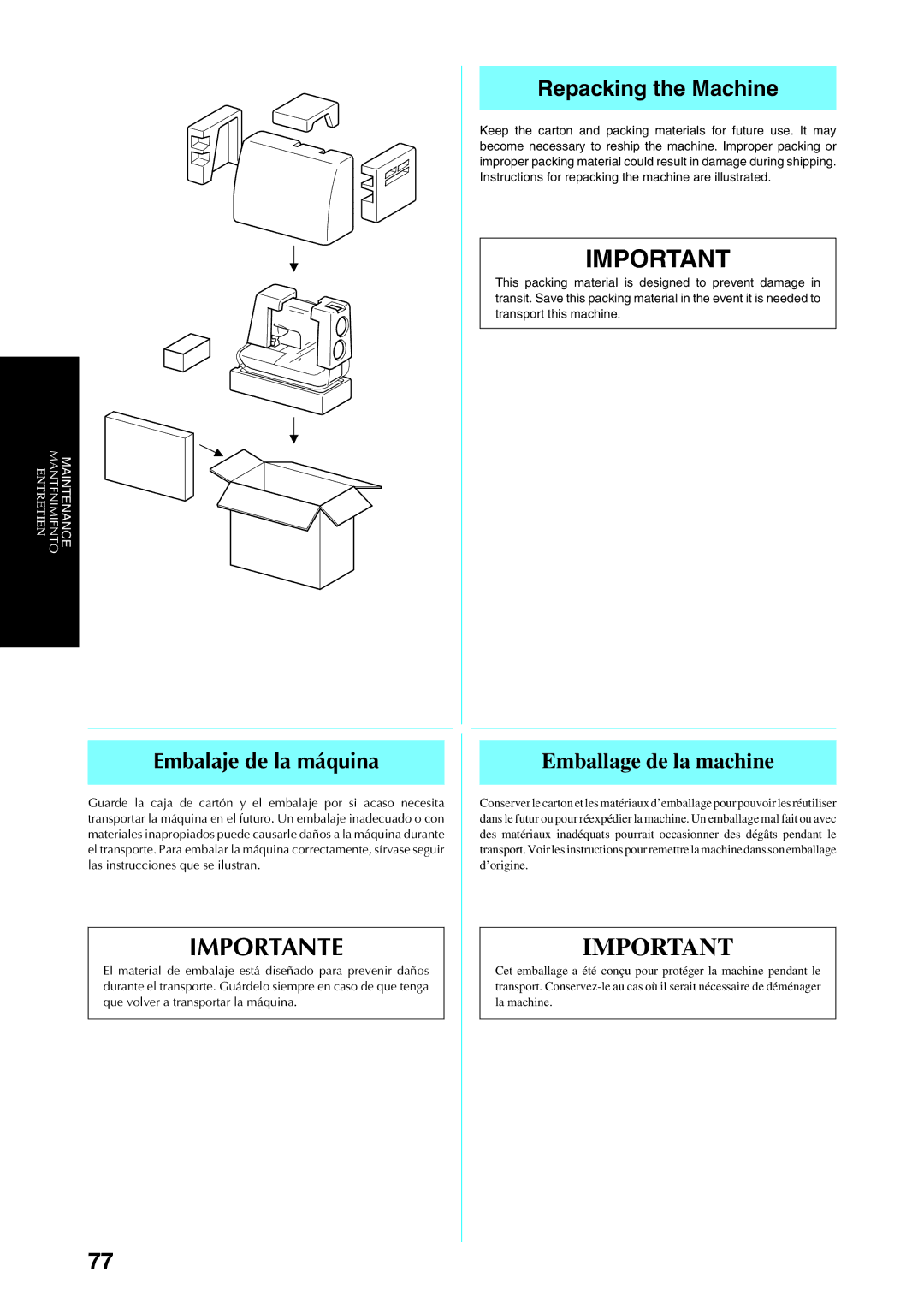 Brother Sewing Manching manual Repacking the Machine, Embalaje de la máquina, Emballage de la machine 