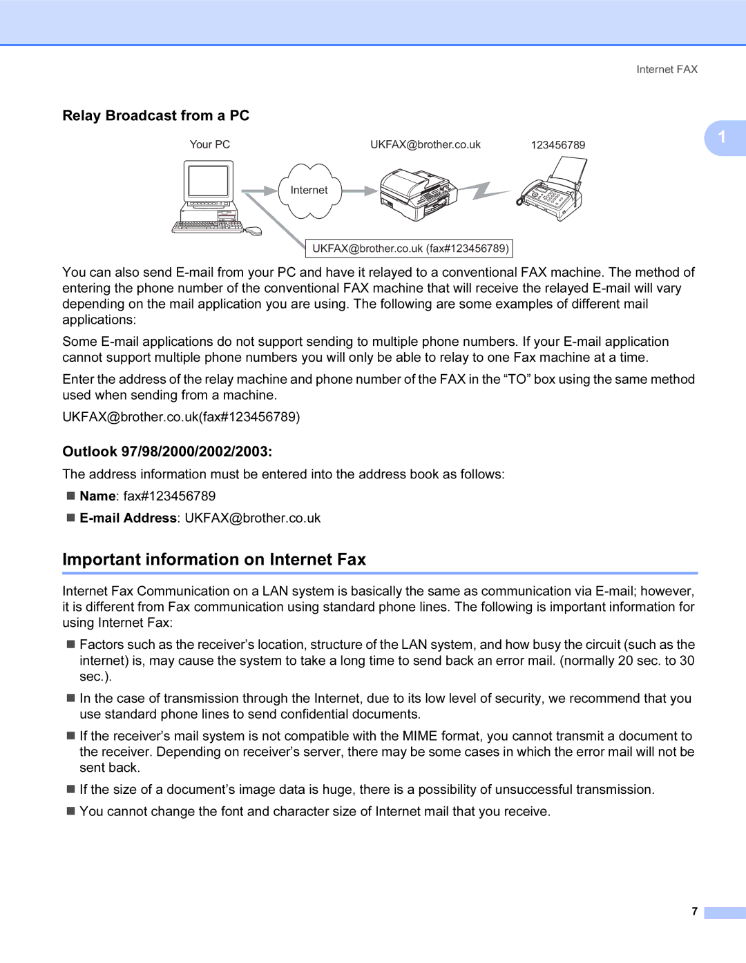 Brother SHB6102 manual Important information on Internet Fax, Relay Broadcast from a PC, Outlook 97/98/2000/2002/2003 