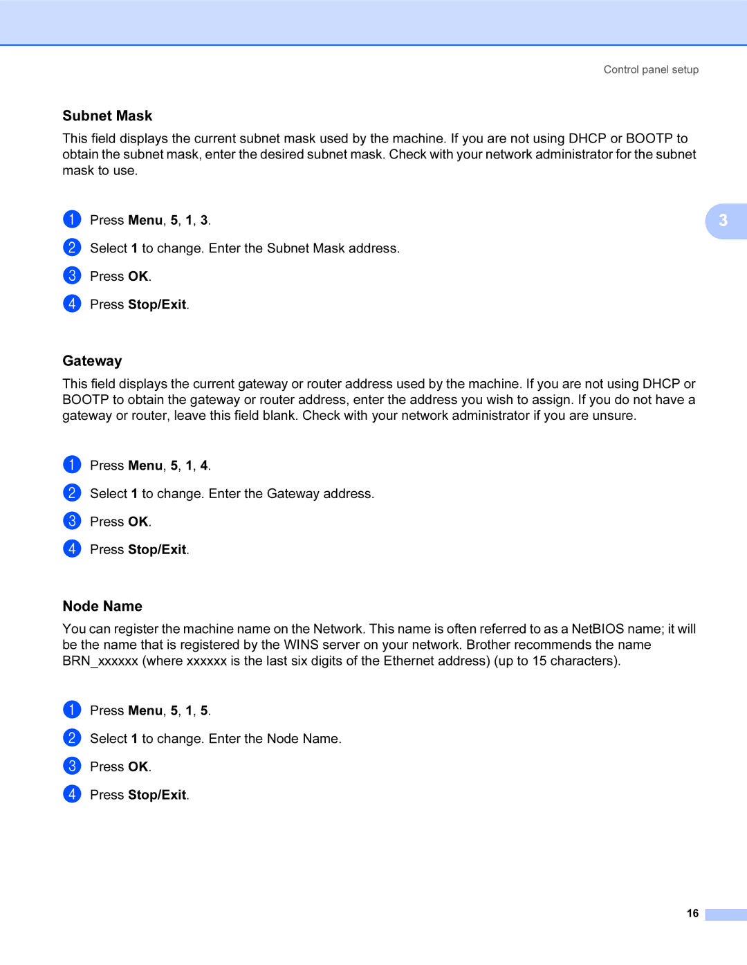 Brother SHB6102 manual Subnet Mask, Gateway, Node Name 