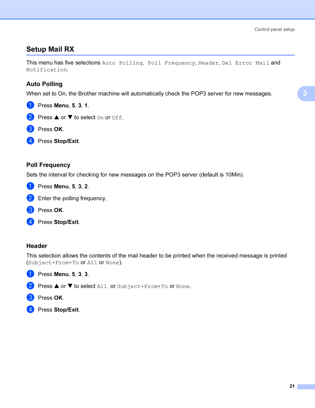 Brother SHB6102 manual Auto Polling, Poll Frequency, Header 