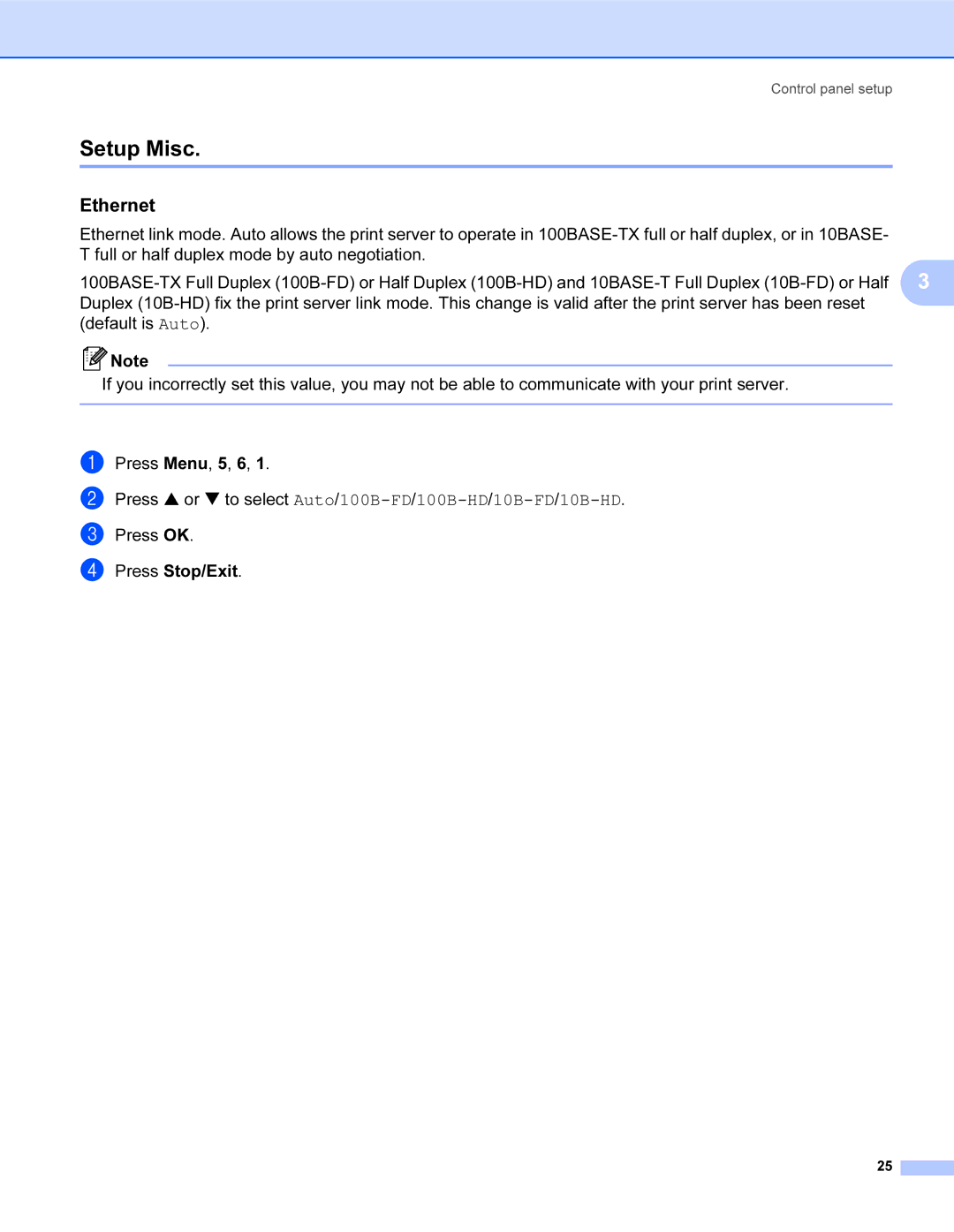 Brother SHB6102 manual Setup Misc, Ethernet 