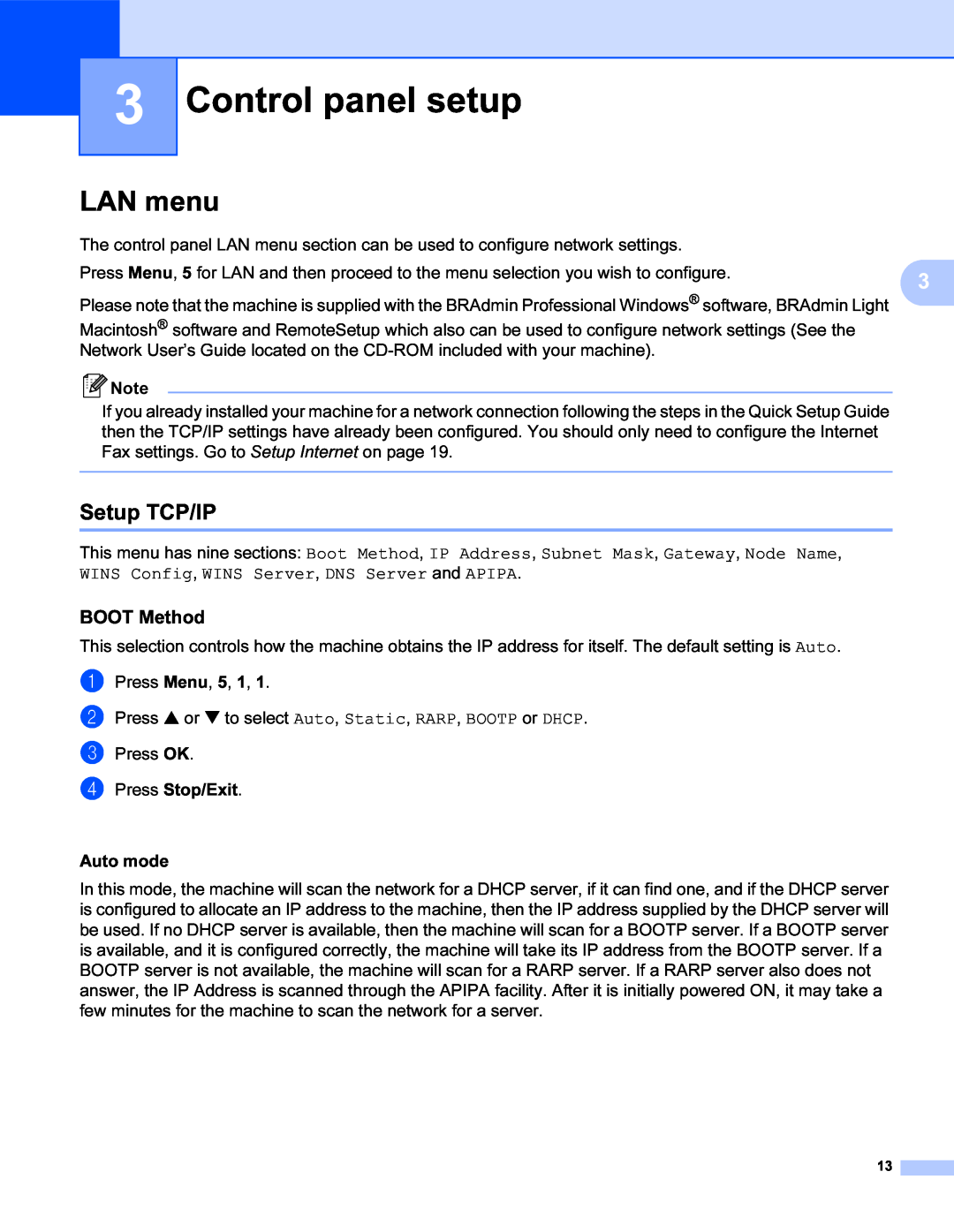 Brother SHB6102 manual Control panel setup, LAN menu, Setup TCP/IP, BOOT Method, a b c d 