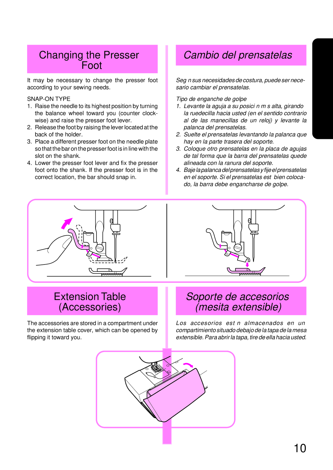 Brother PS-2500 Changing the Presser Foot, Cambio del prensatelas, Extension Table Accessories, Tipo de enganche de golpe 