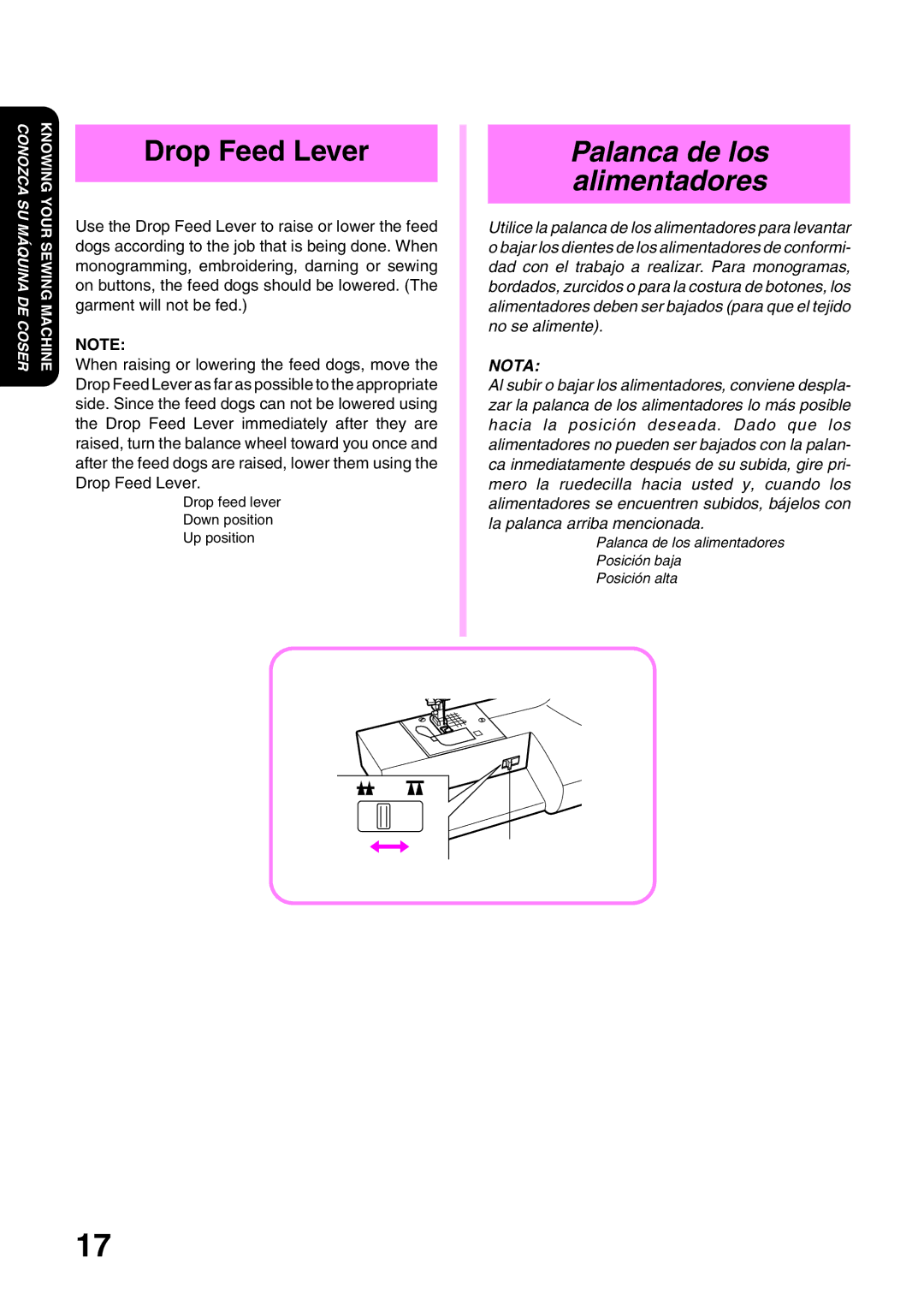 Brother PS-2500, STAR 140E, STAR 130E, STAR 120E, PS-2200, PS-2300, PS-2400 Drop Feed Lever, Palanca de los alimentadores 