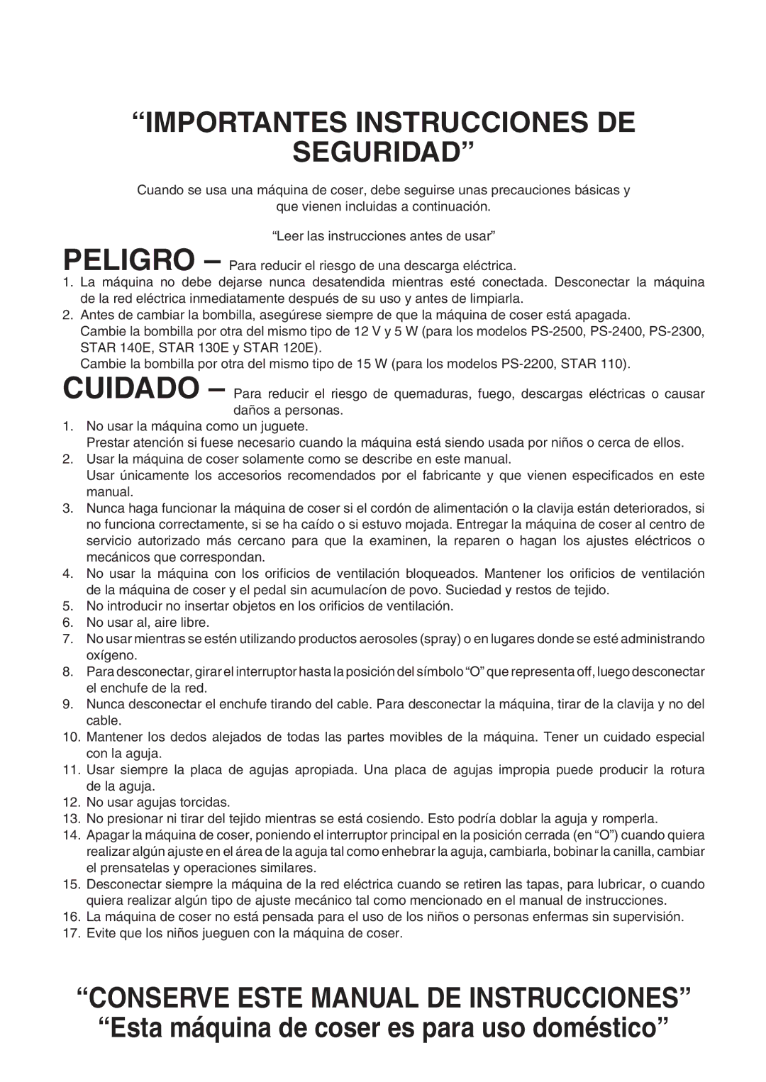 Brother PS-2500, STAR 140E, STAR 130E, STAR 120E, PS-2200, PS-2300, PS-2400 Importantes Instrucciones DE Seguridad 