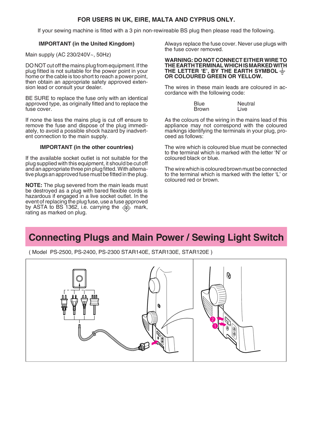 Brother PS-2200, STAR 140E, STAR 130E, STAR 120E, PS-2500, PS-2300 Connecting Plugs and Main Power / Sewing Light Switch 