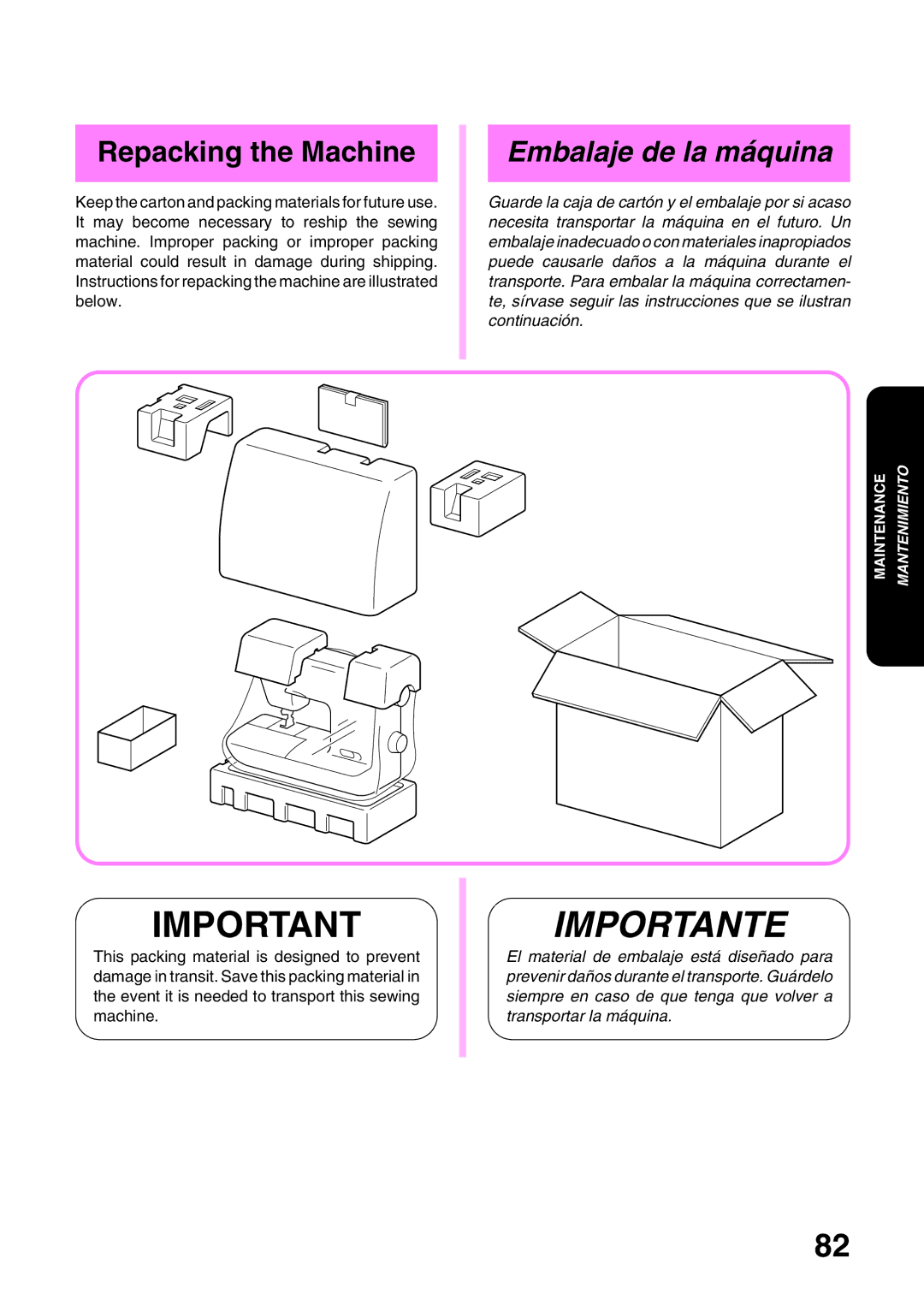 Brother PS-2300, STAR 140E, STAR 130E, STAR 120E, PS-2500, PS-2200, PS-2400 Repacking the Machine, Embalaje de la máquina 