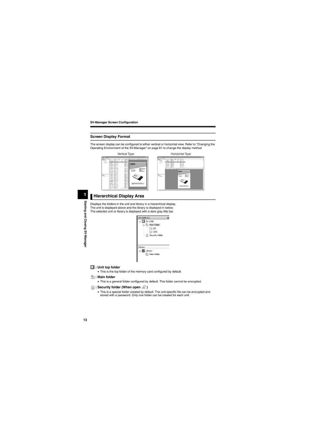 Brother SV-100B Hierarchical Display Area, Screen Display Format, Unit top folder, Main folder, Security folder When open 