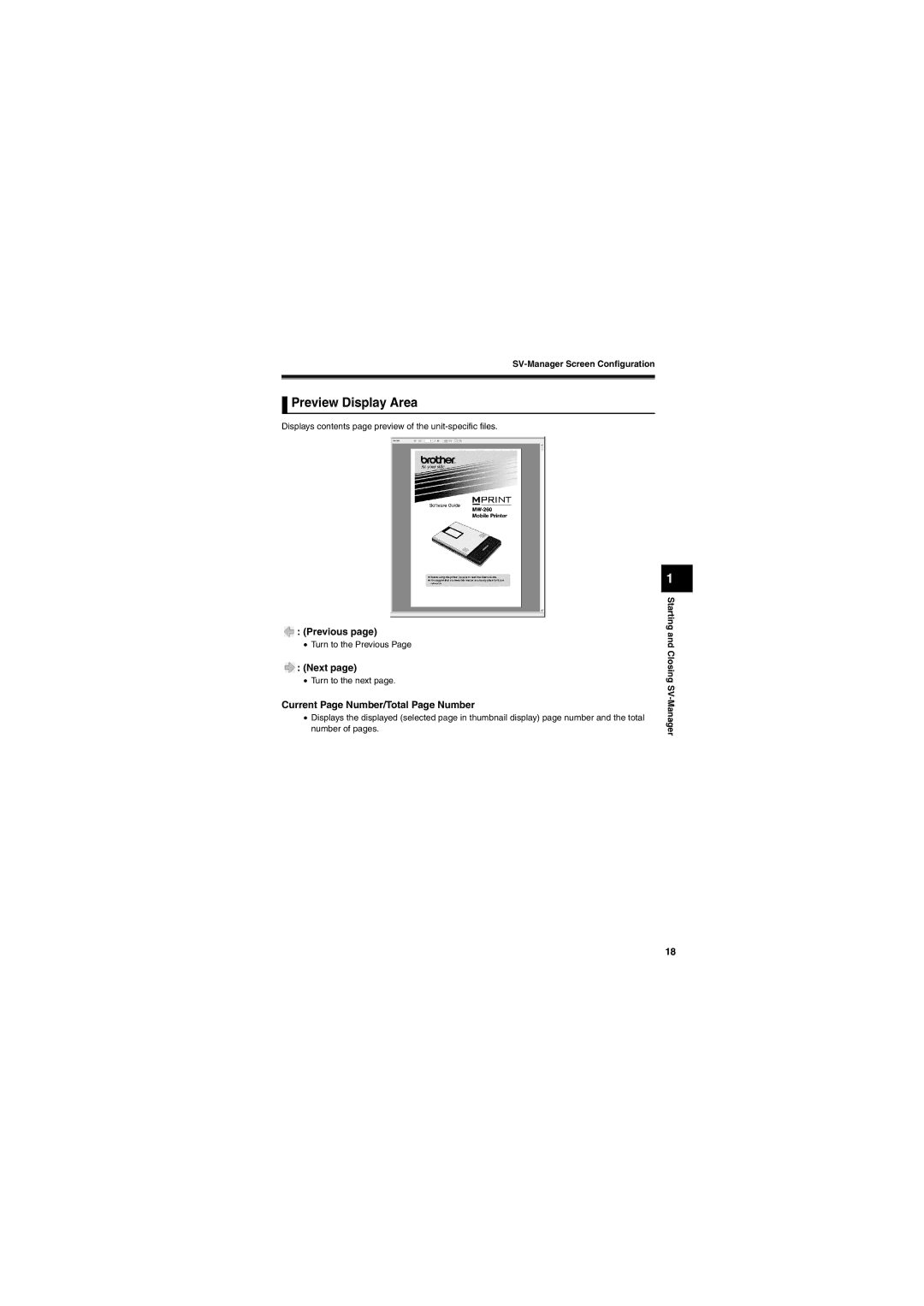 Brother SV-100B appendix Preview Display Area, Previous, Next, Current Page Number/Total Page Number 