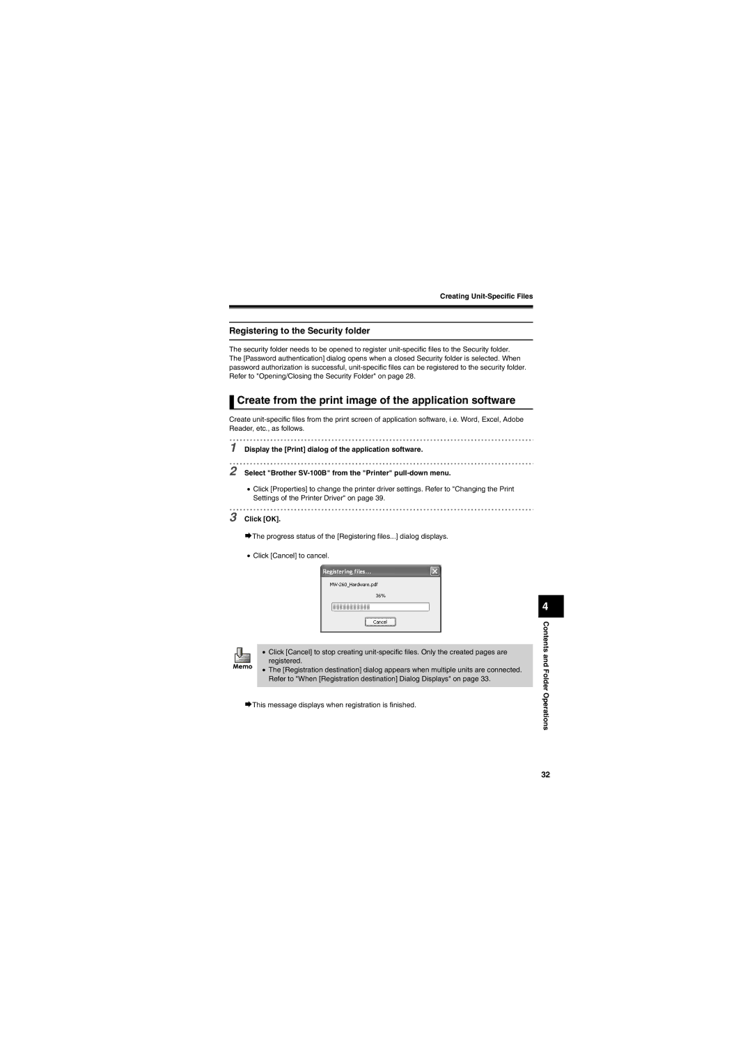 Brother SV-100B appendix Create from the print image of the application software, Registering to the Security folder 