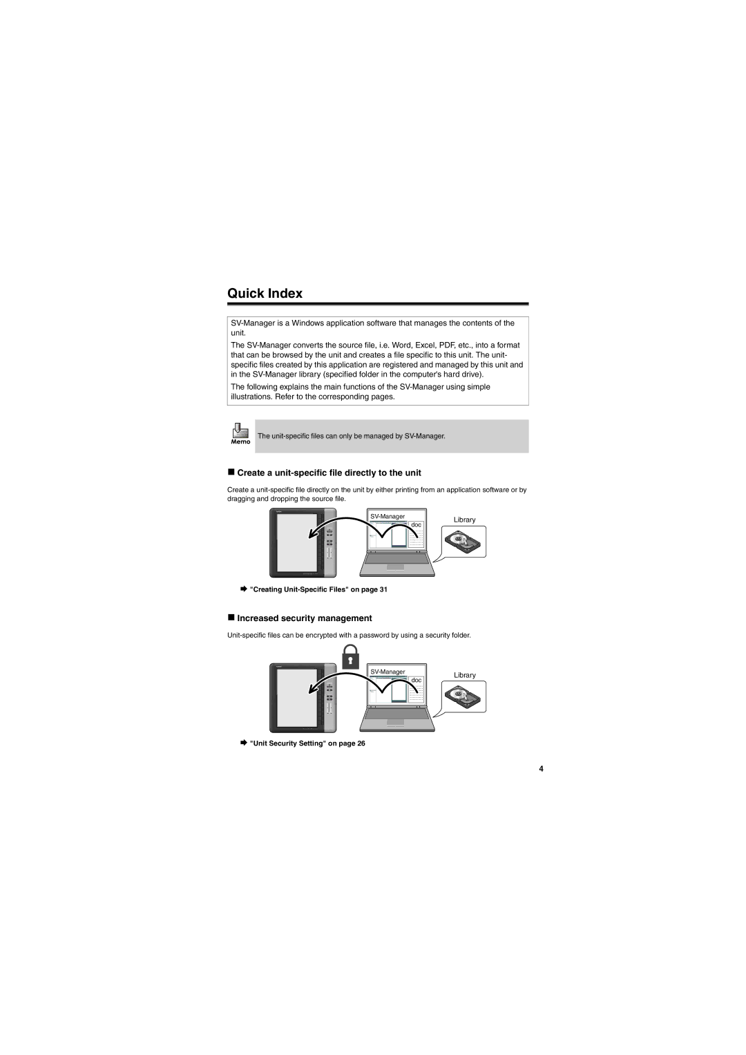 Brother SV-100B appendix Quick Index, „ Create a unit-specific file directly to the unit, „ Increased security management 