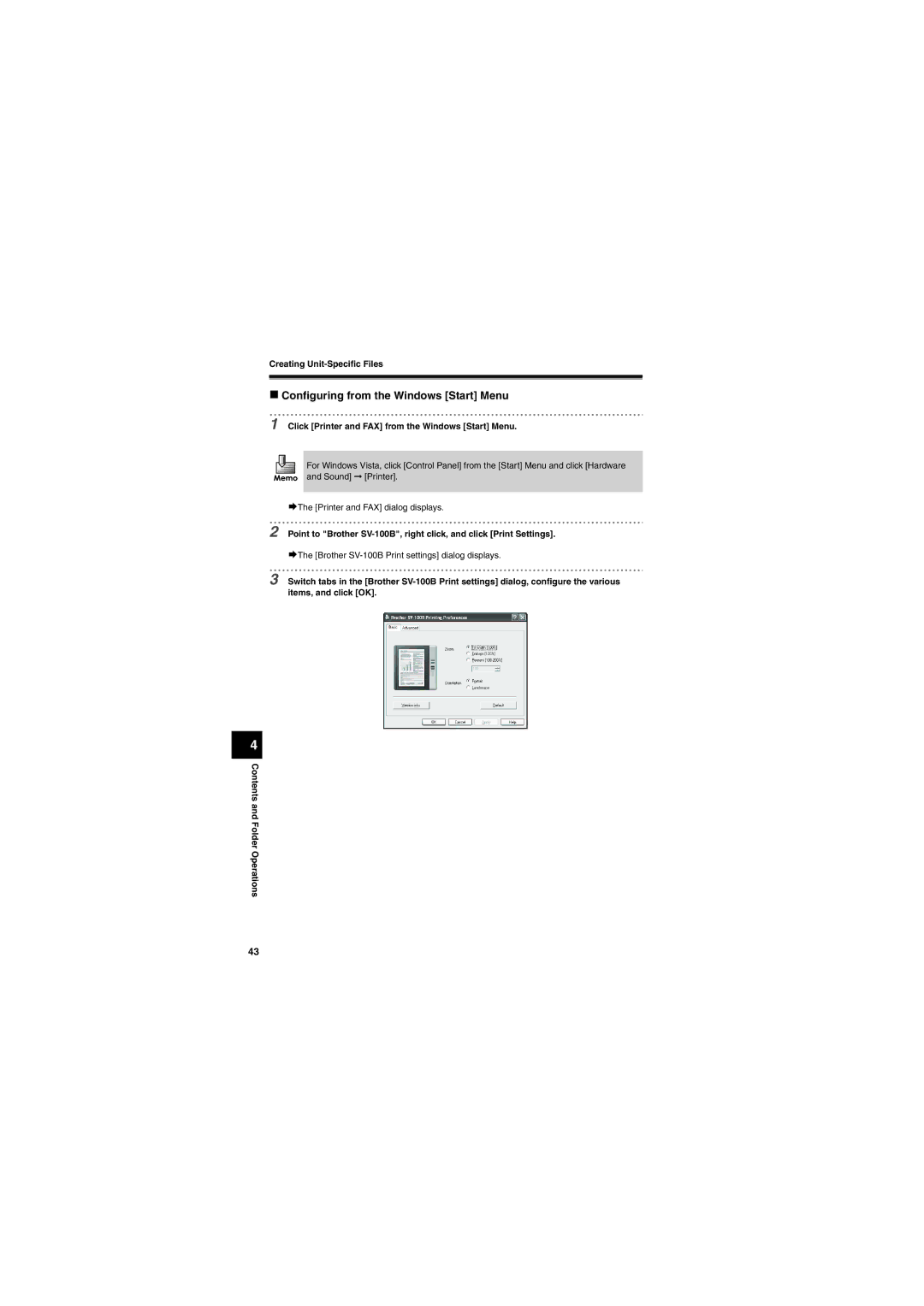 Brother SV-100B appendix „ Configuring from the Windows Start Menu, Click Printer and FAX from the Windows Start Menu 