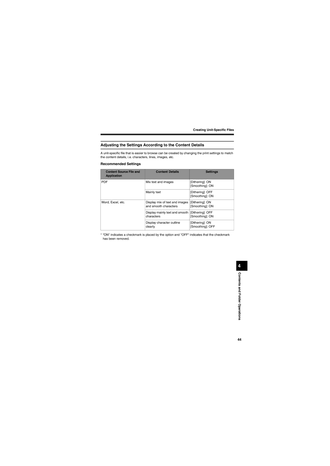 Brother SV-100B appendix Adjusting the Settings According to the Content Details, Recommended Settings 