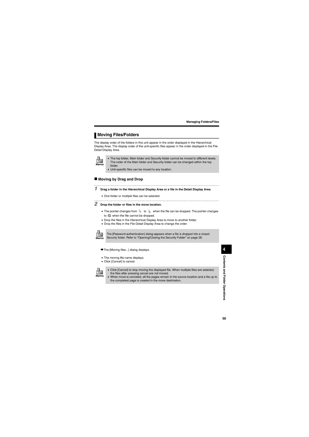 Brother SV-100B appendix Moving Files/Folders, „ Moving by Drag and Drop, Drop the folder or files in the move location 