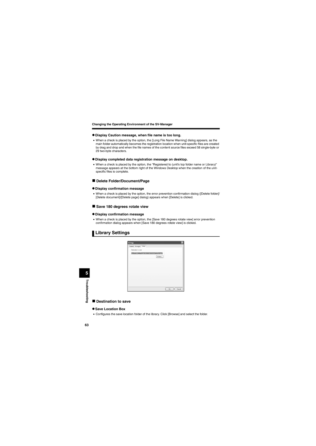 Brother SV-100B Library Settings, „ Delete Folder/Document/Page, „ Save 180 degrees rotate view, „ Destination to save 