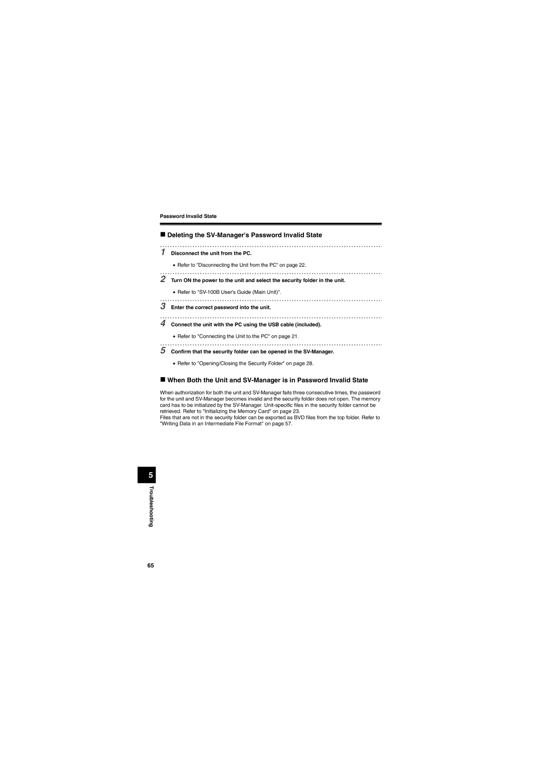 Brother SV-100B appendix „ Deleting the SV-Managers Password Invalid State, Disconnect the unit from the PC 