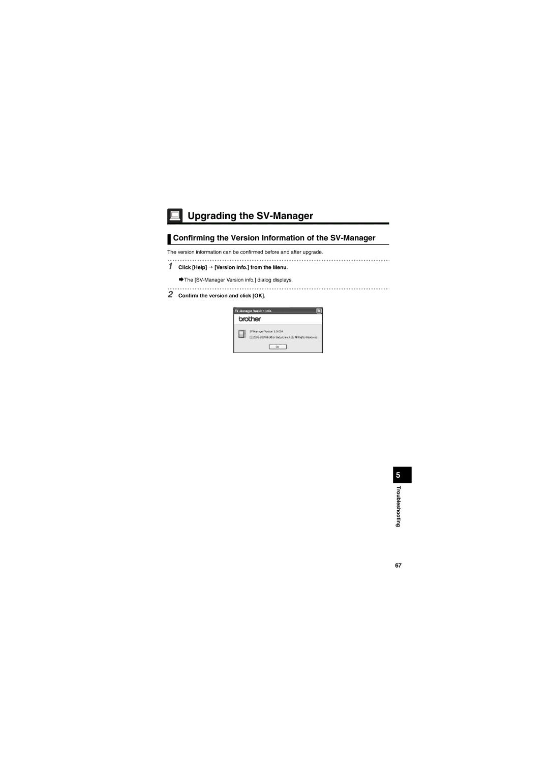 Brother SV-100B appendix Upgrading the SV-Manager, Confirming the Version Information of the SV-Manager 